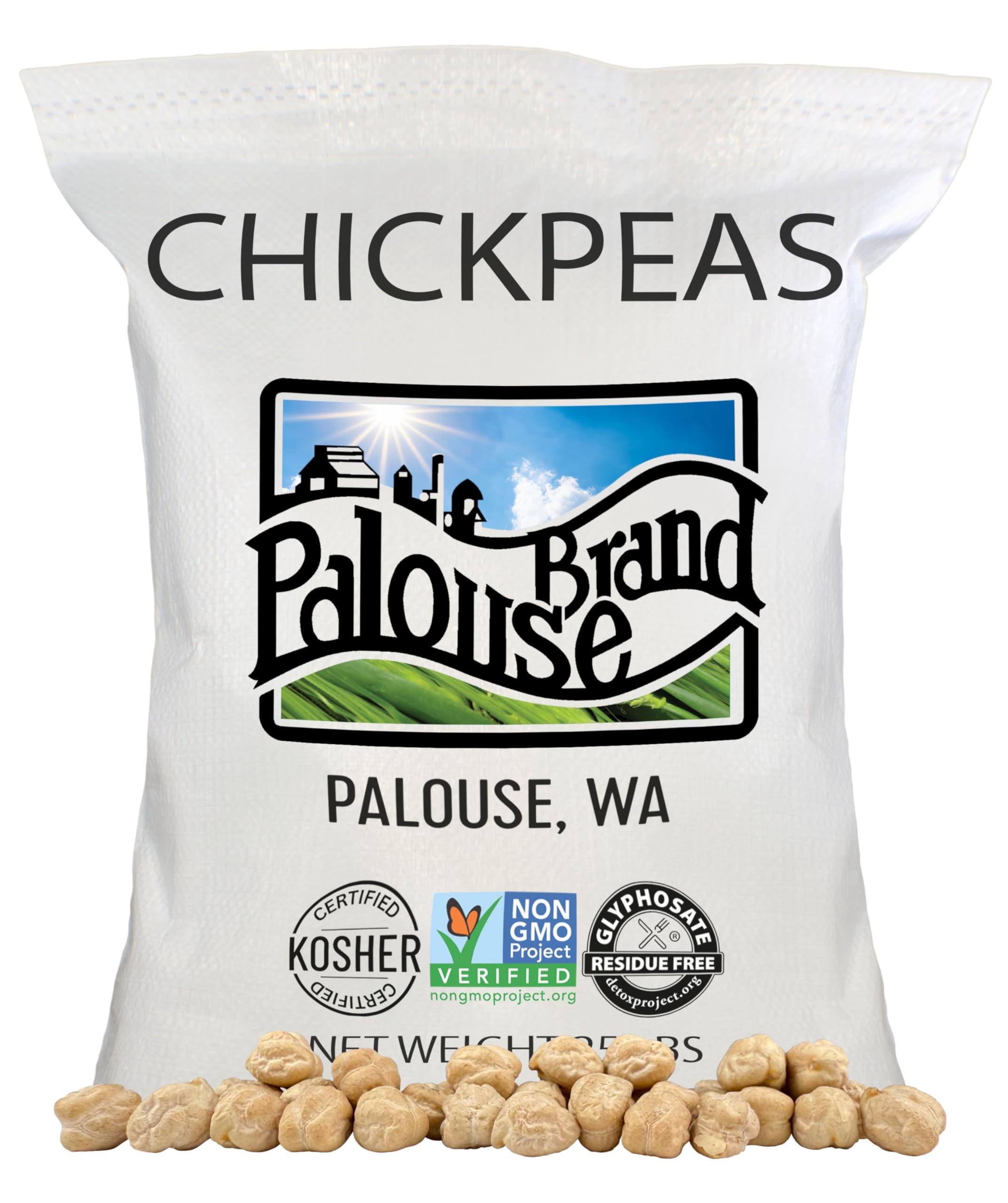 Palouse Brand Certified Glyphosate Residue Free Chickpeas | Garbanzo Beans | 25 LBS | Family Farmed in Washington State | Non-GMO Project Verified | Kosher Parve | USA Grown | Field Traced
