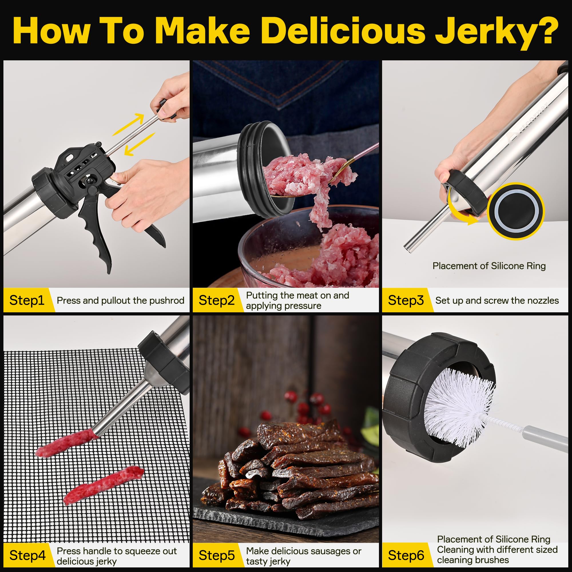 Artcorner Professionelle Jerky Gun für Hackfleisch | 1,1 kg Kapazität Jerky Maker Kit mit 5 Aufsätzen, 2 Bürsten & Aufbewahrungsnetz (Lebensmittelqualität)