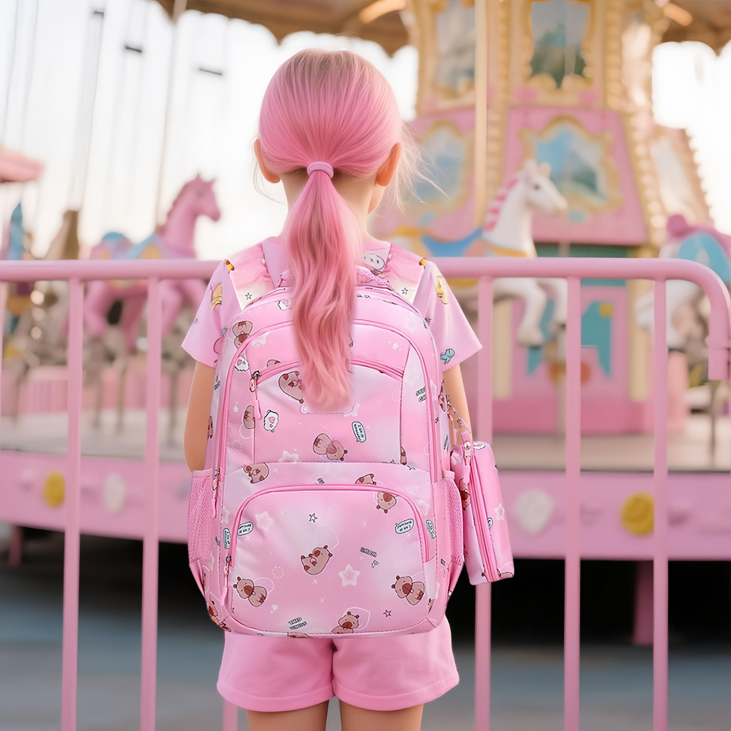 Zaino Scuola Bambina Rosa con Trousse Coordinata Stampa Capybara 3 Scomparti Grandi Tasche Interne Spallacci Regolabili Zaino Oxford Impermeabile per Scuola Elementare Asilo Bambine (Rosa)