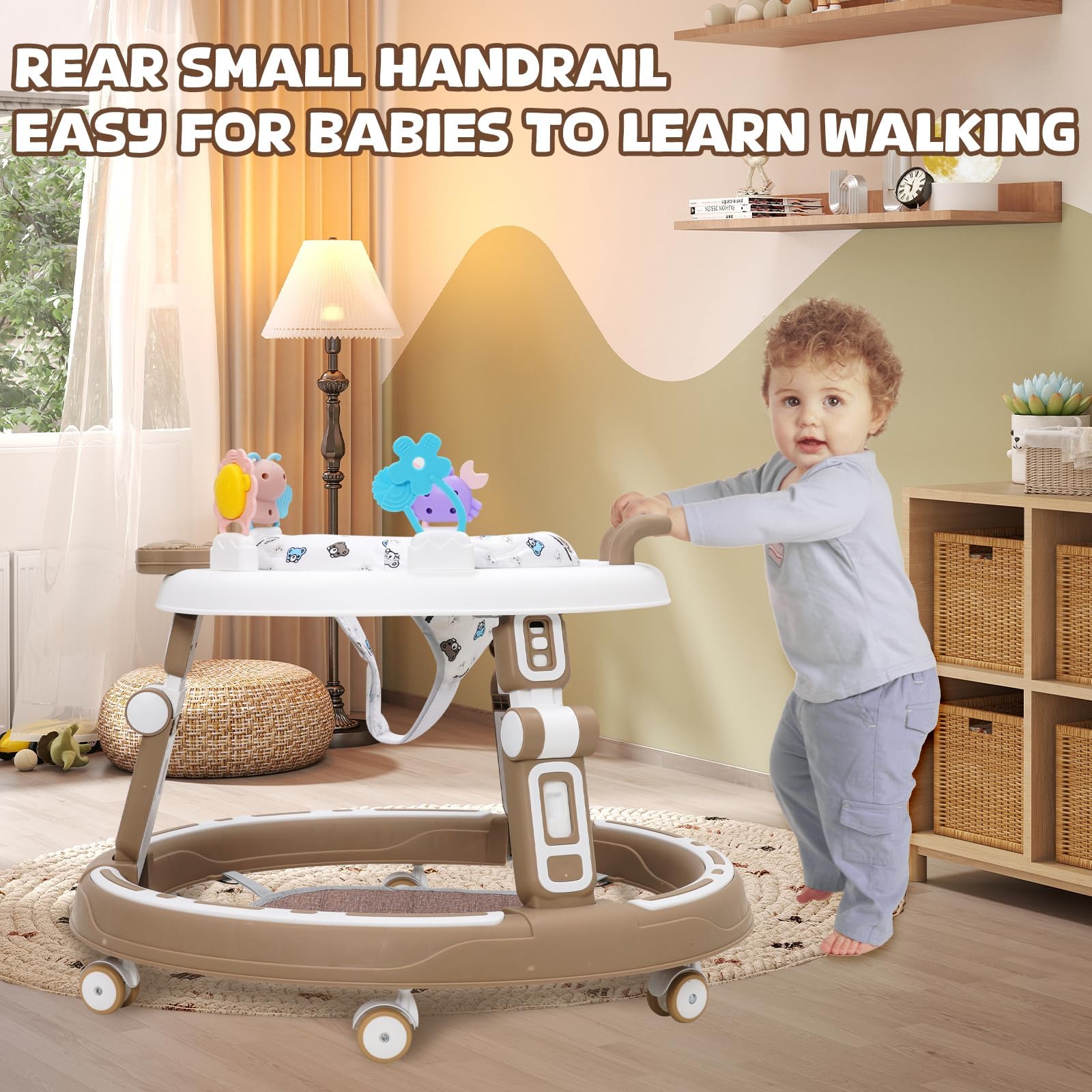 Baby Lauflernhilfe 5in1 mit Musikspielzeug, Fußstütze, 360-Grad-Stummschaltung, 6 Räder, 360° Rotating Seat Baby Lauflernhilfen, zur Faltbar, für Babys ab 6 Monaten Geeignet,Braun