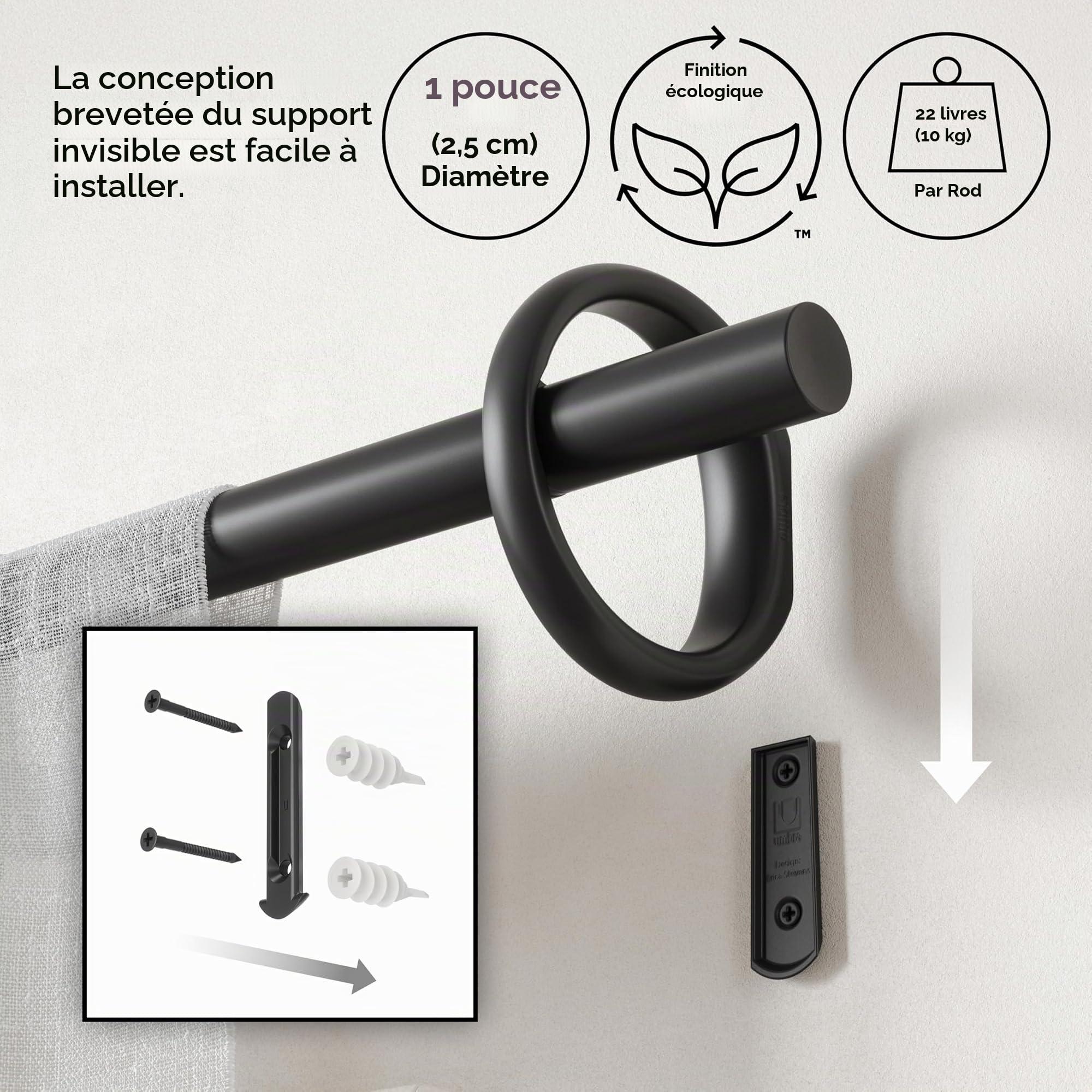 Umbra Ringlet Tringle à Rideaux Extensible, 2,5cm, 107-305 cm, 2 Embouts, Supports Muraux et Matériel De Fixation Inclus, Noir mat