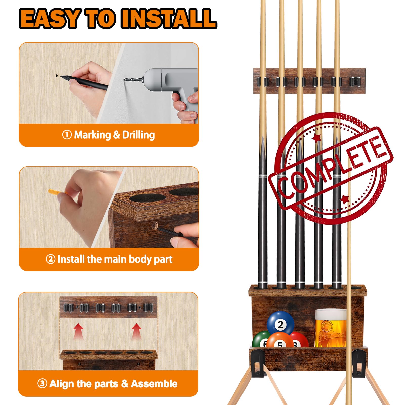 Supporto da parete per bastone da biliardo, organizer per 6 stecche da biliardo, organizer per accessori da biliardo con spazio sicuro, resistente supporto per stecca da biliardo in legno per