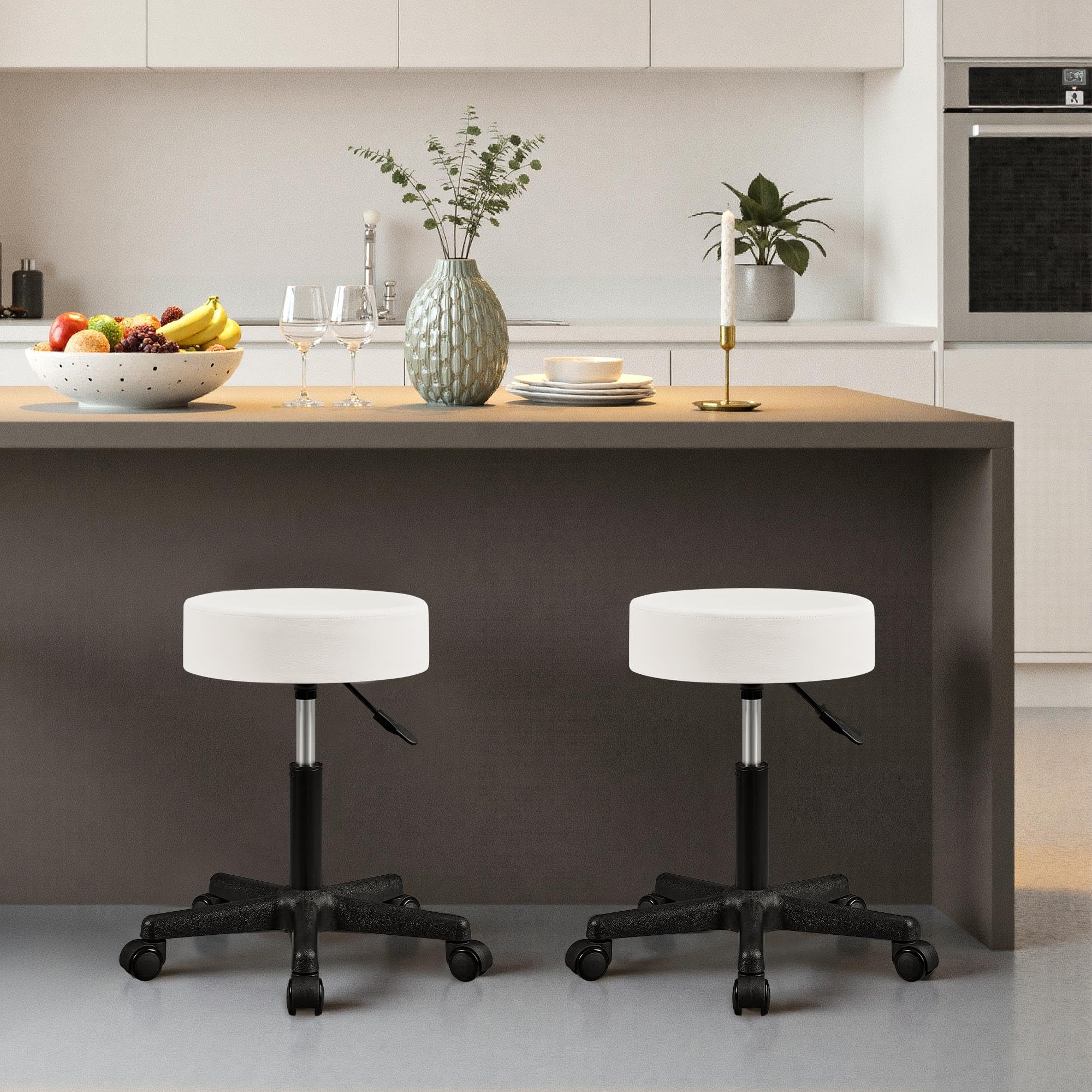 Yaheetech Taburete de Bar, con Ruedas, Silla Alta, Regulable en Altura, Giratorio, Cubierta PU, Trabajo para Salón de Belleza, Peluquería, Oficina, Consultas Blanco