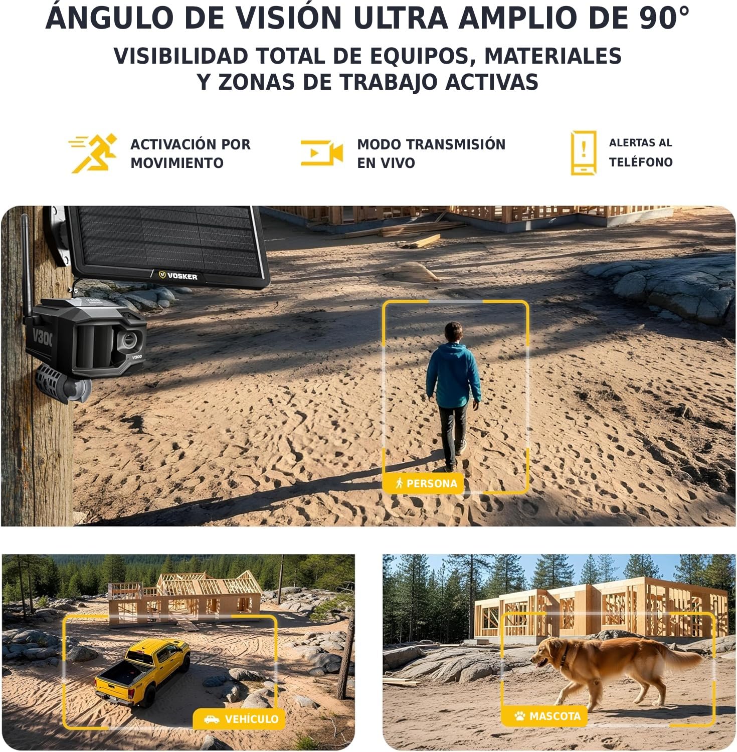 Vosker V300 Ultimate Cámara de Seguridad Exterior Autónoma 4G-LTE | Banco de Energía Solar Externo de Alta Capacidad de 15.000 mAh | Tarjeta SIM Incluida | No Necesita WiFi | Transmisión en Directo