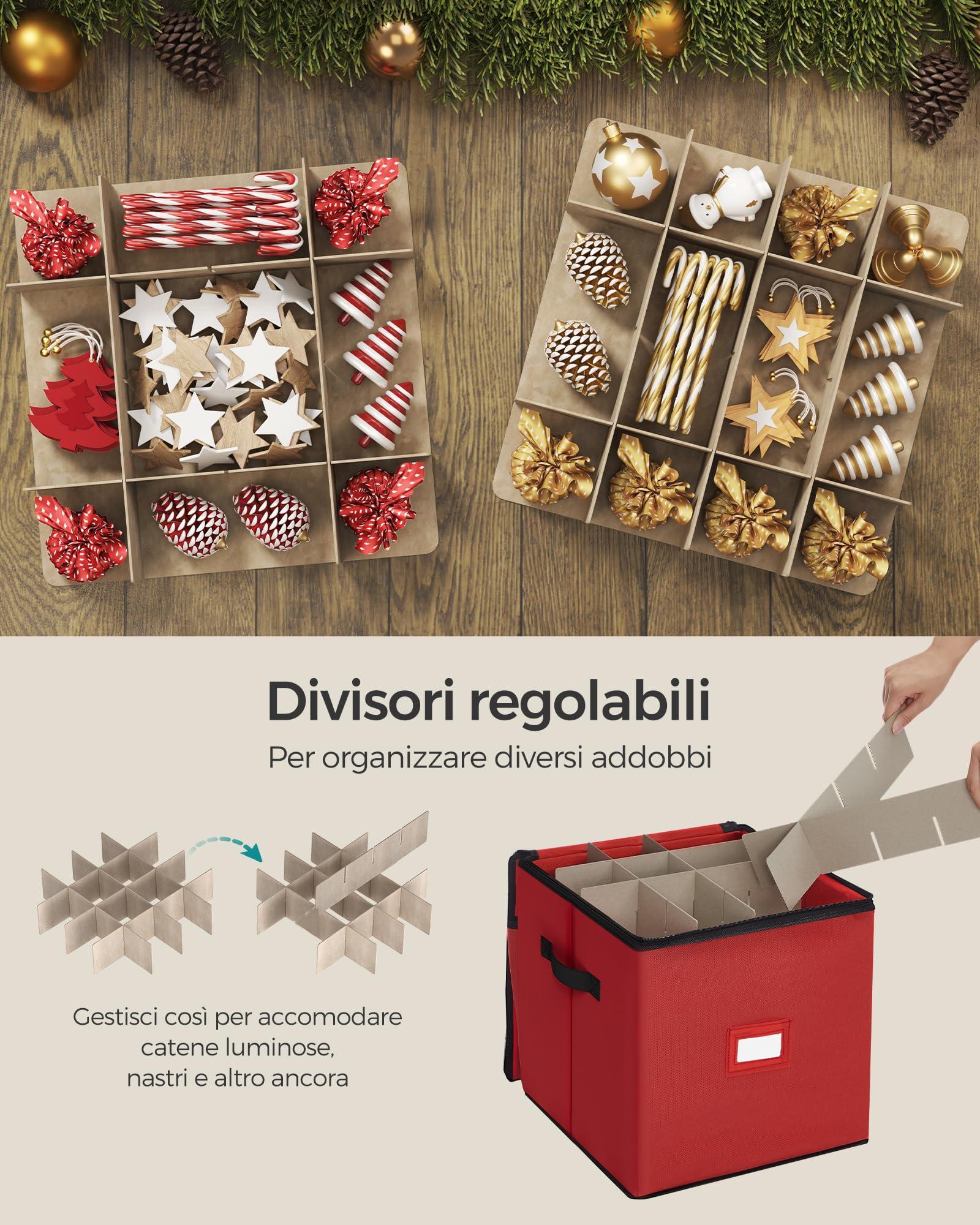 SONGMICS Contenitore per Palline di Natale, 64 Scomparti da 7,6 cm, Scatola Impilabile Decorazioni Natalizie con Coperchio, Doppia Cerniera Lampo, Divisori Regolabili, Rosso Ciliegia RFB036R01