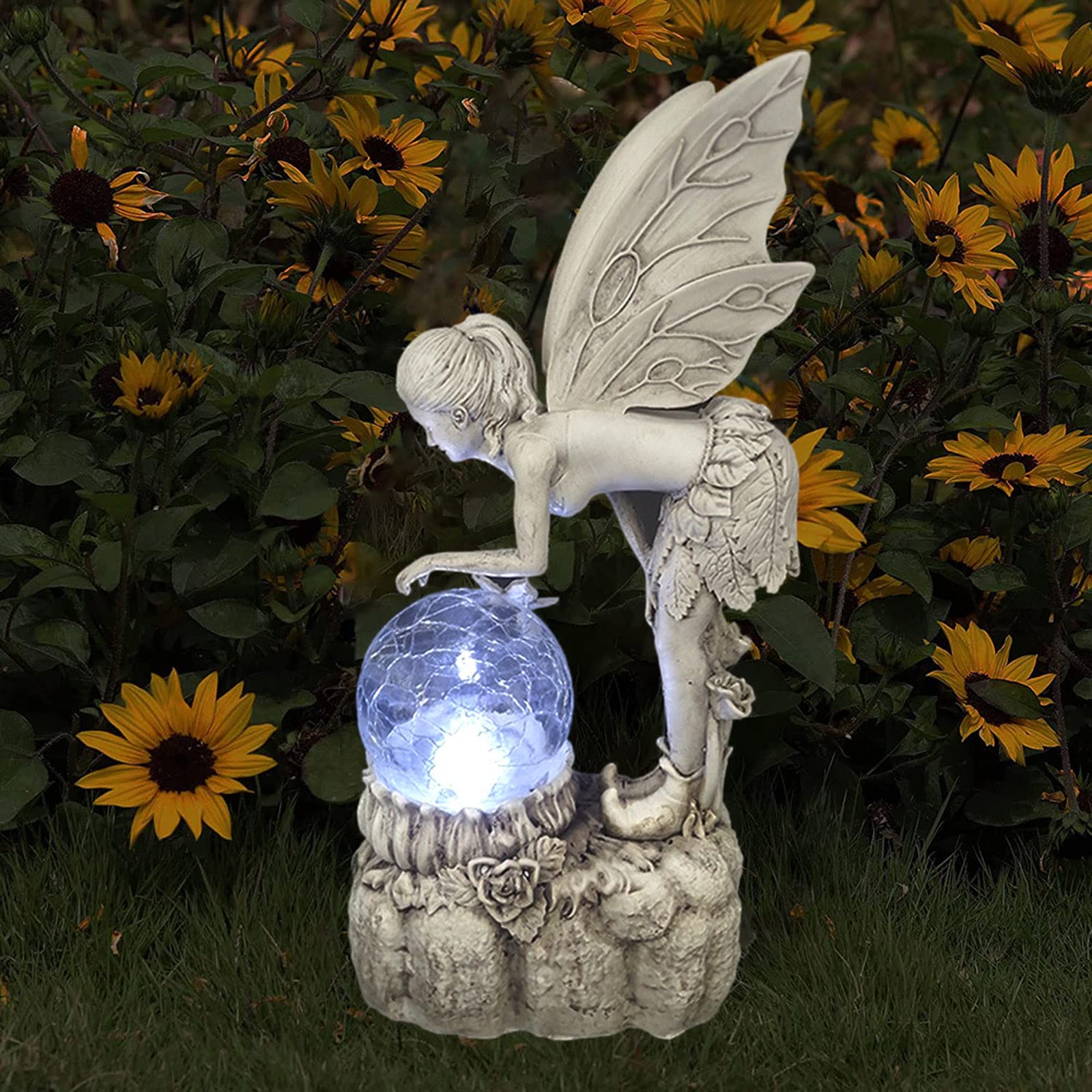 Statua Fata Solare Per Giardino Con Luce LED – Altezza 17,3 Cm, Resina Impermeabile, Figura Sognante