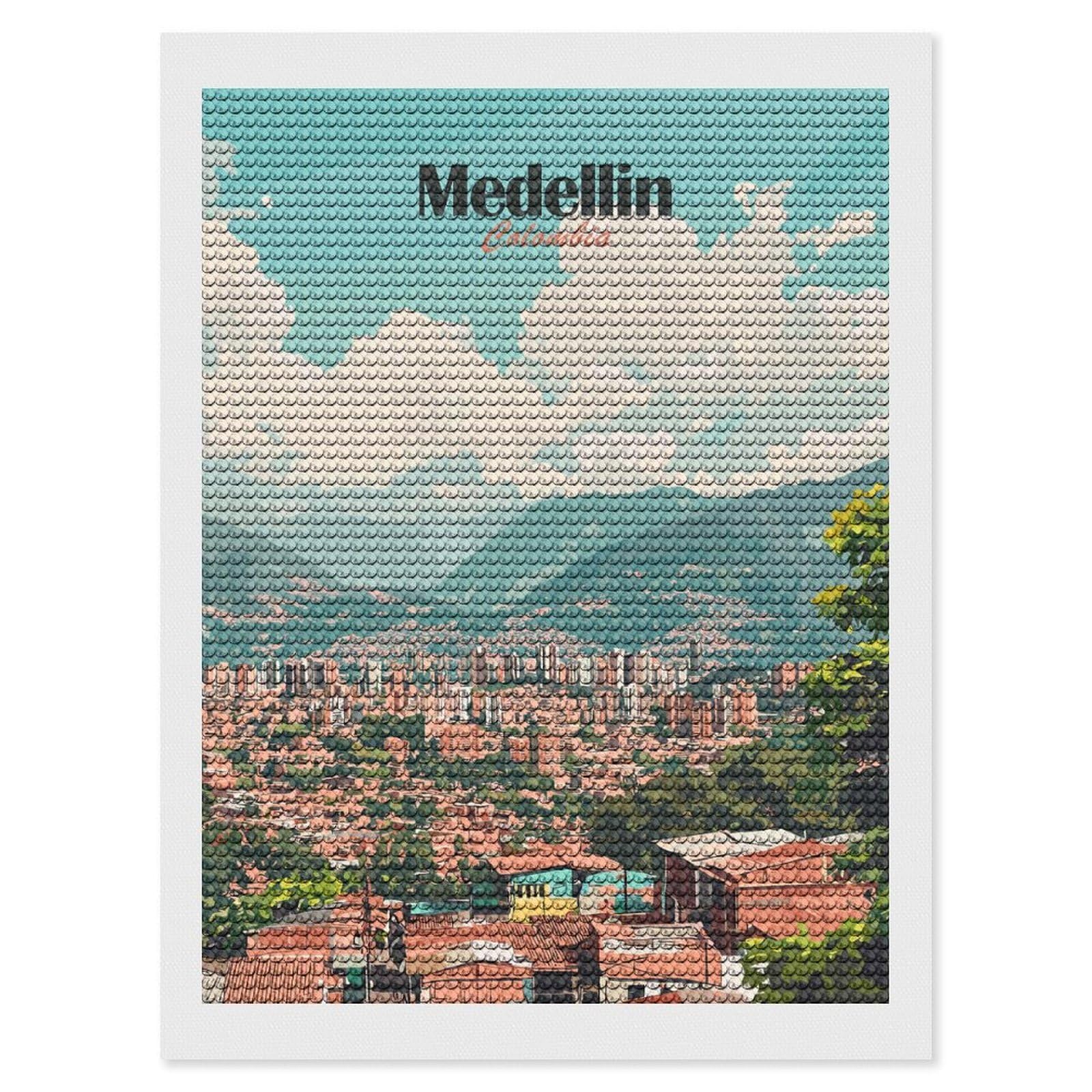 Junmoney Medellin Cityscape(3) Diamond Art Kit 12"x16", for Beginners, Vintage Style Decor, Good for Quiet Evenings, Festive Craft Gift