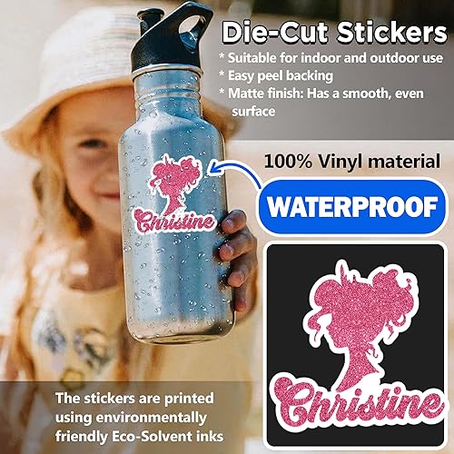 Miniatura 4 de Adhesivo de princesa rosa intenso con nombre personalizado para niñas, cumpleaños, estilo película, para botella de agua, vaso, funda de teléfono,