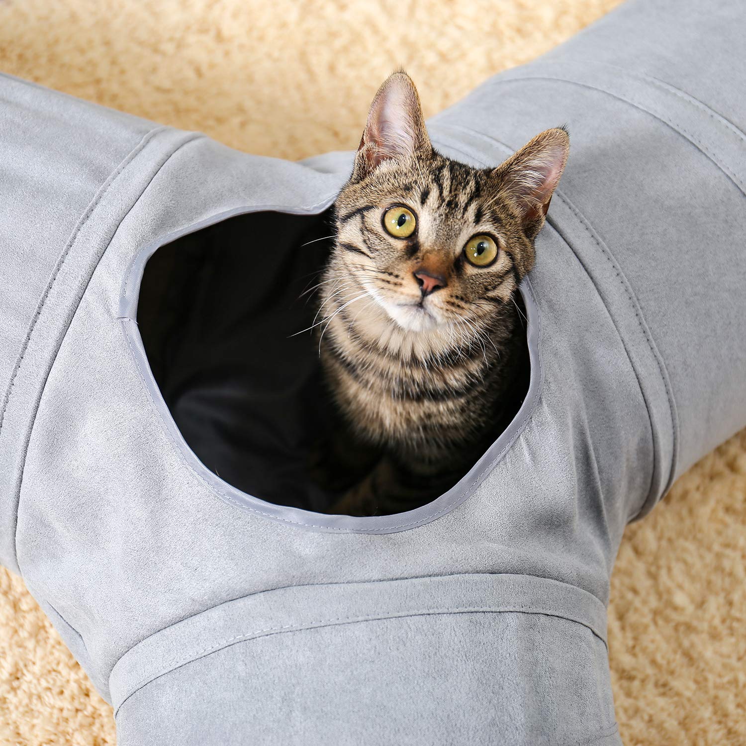 OHANA Túnel de 3 vías para Interiores con Bola suspendida Juguetes para Gatos Tunel para Gatos Gatitos Conejos Gris