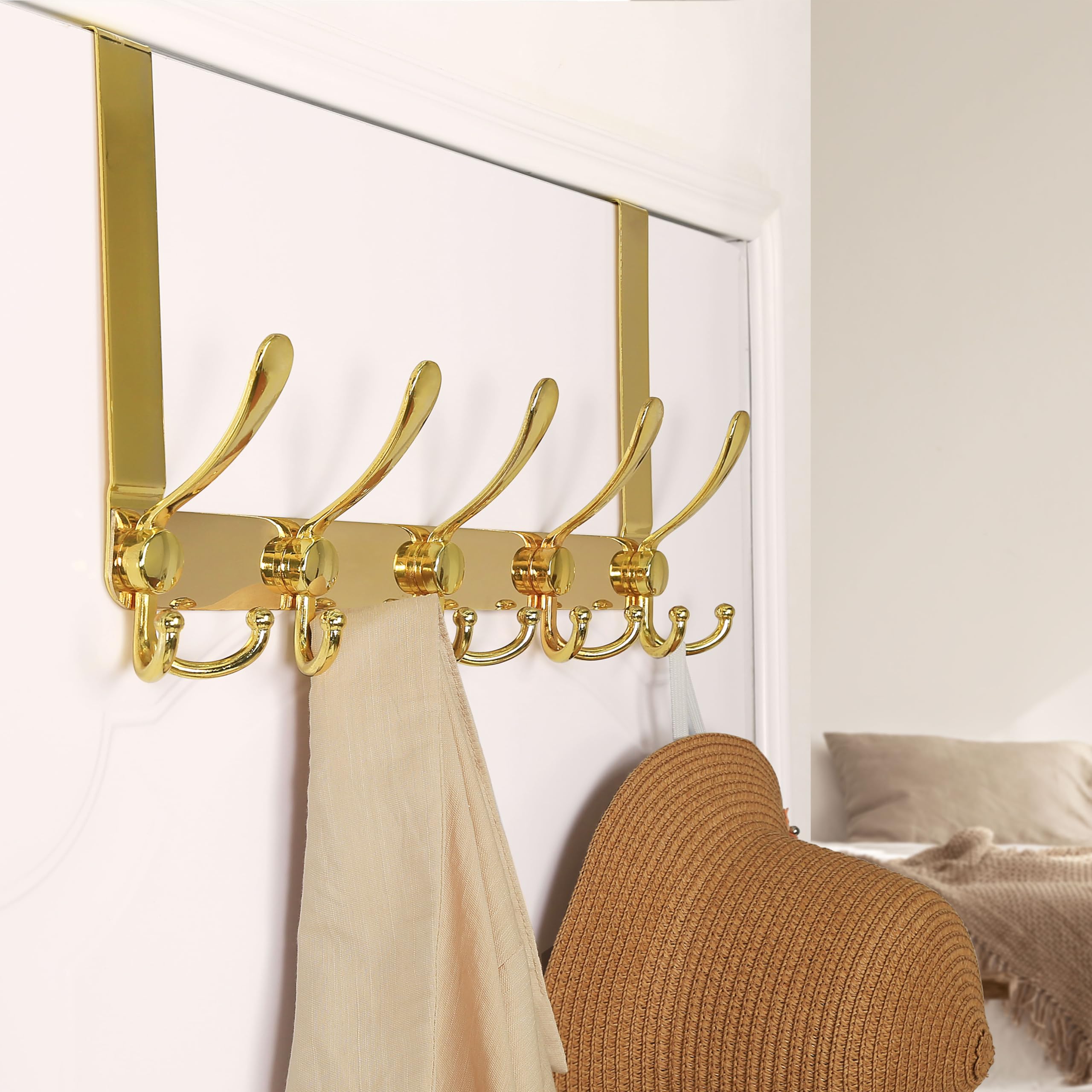 Dseap Türgarderobe zum Einhängen, Edelstahl Türhaken Innenseite, Türhakenleiste, Kleiderhaken Tür, Türaufhänger, für Kleidung Hut Handtuch Mantel, mit 5 Dreifachhaken, Gold