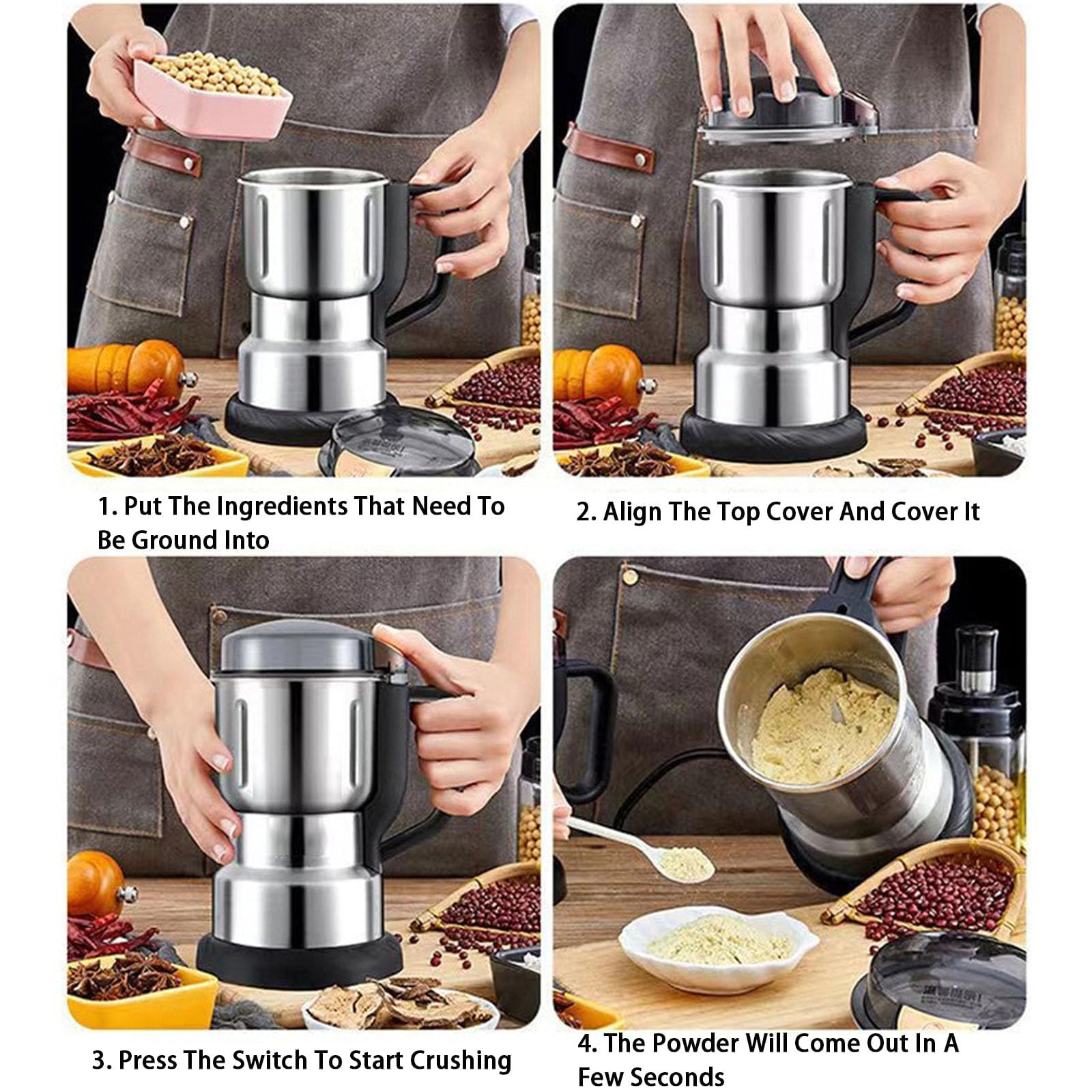 Macinacapazione Elettrica da Caffè da 300 W Cereali In Acciaio Inossidabile per Cereali, Capacità di Macinatura, Capacità di 600 G, Macchina a Smash Multifunzionale per Fagioli, Dadi, Spezie