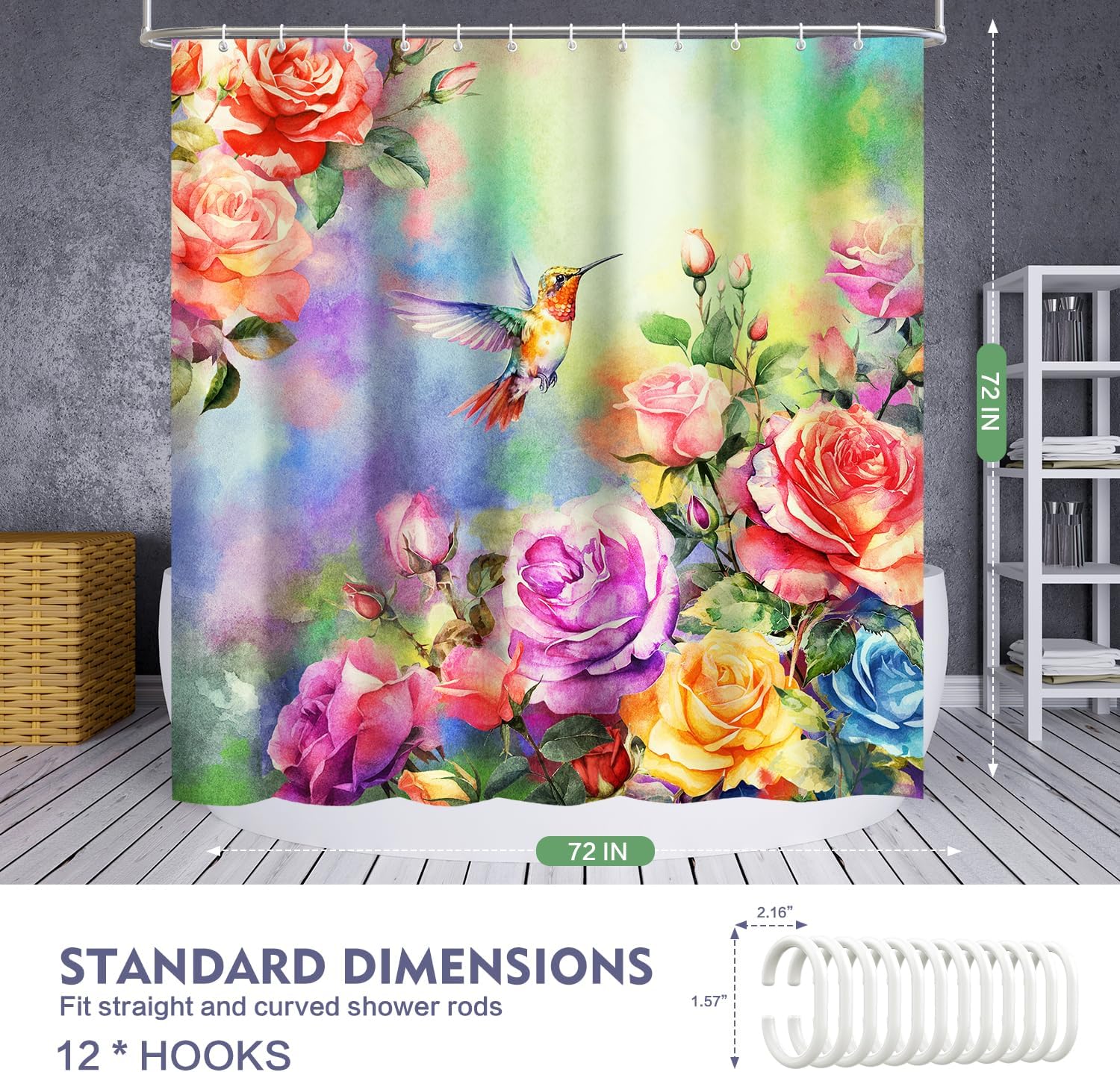 Lokigo Shower Curtain Hummingbird Floral Shower Curtain Sets, Spring Watercolor Flowers Blossom Bathroom Shower Curtain Floral Plant Nature Shower Curtains with Hooks, 72 x 72 Inch