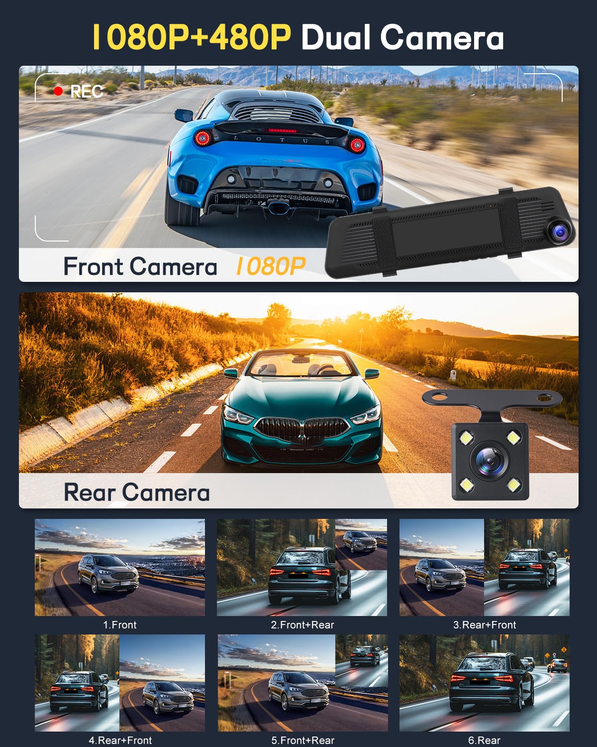 NHOPEEW 1080P Dash Cam con schermo da 4,5 pollici, telecamera anteriore e posteriore, registrazione in loop, linee guida per il parcheggio, visione notturna + scheda da 32 GB