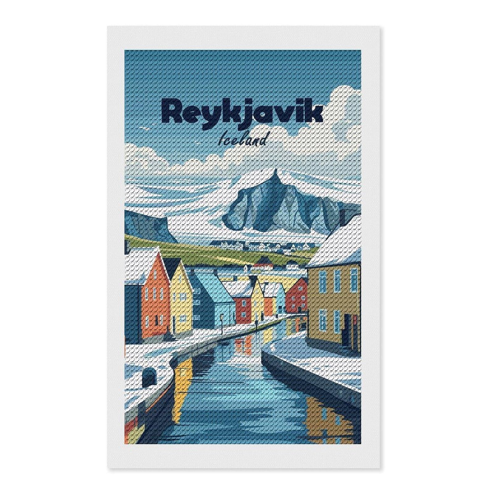 Junmoney Reykjavik Iceland Winter Landscape Illustration Diamond Painting Set 12"x20", Stress Relief Craft, Easy to Enjoy, Vintage Style Decor, Festive Craft Gift