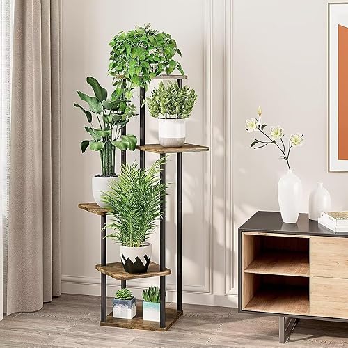 Miniatura 6 de KLUFO Soporte alto de madera de 5 niveles para plantas, estante de metal, múltiples estantes para macetas, estante de esquina, estante de exhibición