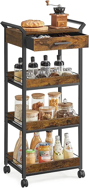 VASAGLE Storage Cart, 4-Tier Rolling Utility Cart with Table Top, Handles, 4 Lockable Casters, Top Drawer, Mesh Shelves, for Kitchen, Bathroom, Bedroom, Rustic Brown and Ink Black ULRC049K01