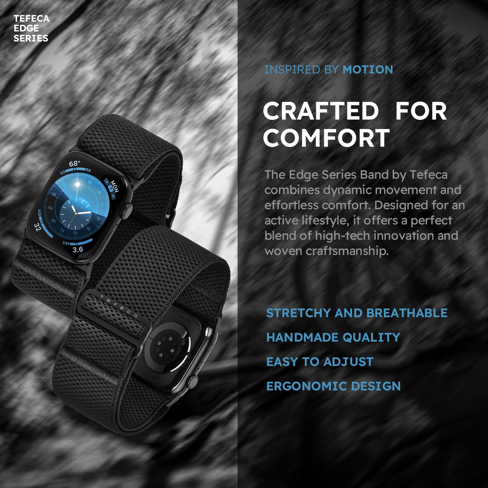 Tefeca Edge Series Stretchy Band Compatible with Apple Watch Ultra 2/Ultra 49mm, Series 10 46mm, Series 9/8/7 45mm, SE2/SE/6/5/4 44mm(Hyper Black,Ultra Wide for 49mm/ 45mm/ 44mm/ 42mm)