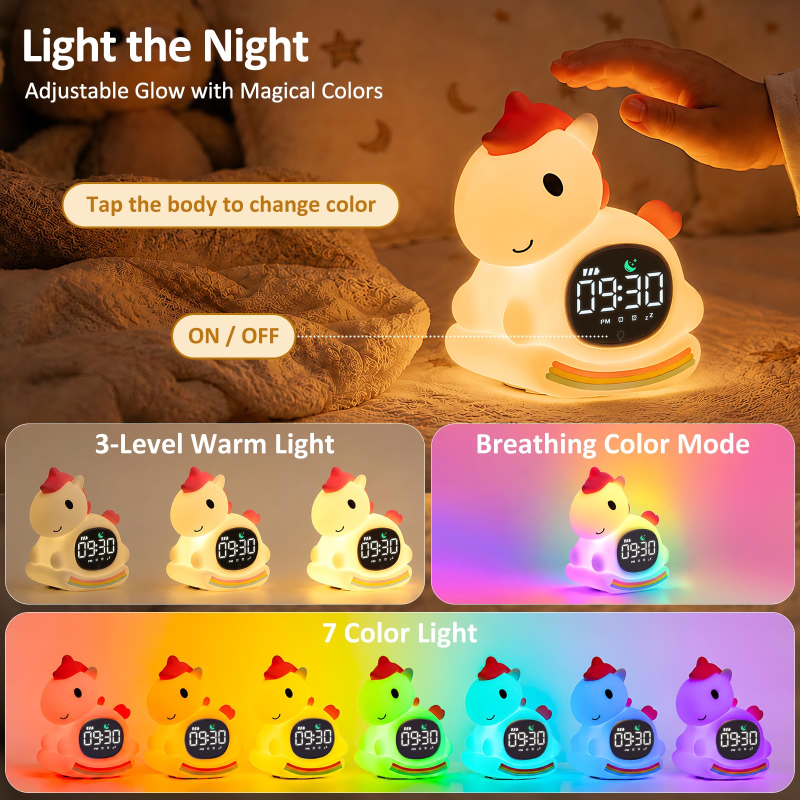 Réveil avec veilleuse pour enfants avec entraînement au sommeil et machine sonore, lampe rechargeable en silicone pour réveiller, lampe de table en forme d'animal mignon, compagnon de sommeil parfait