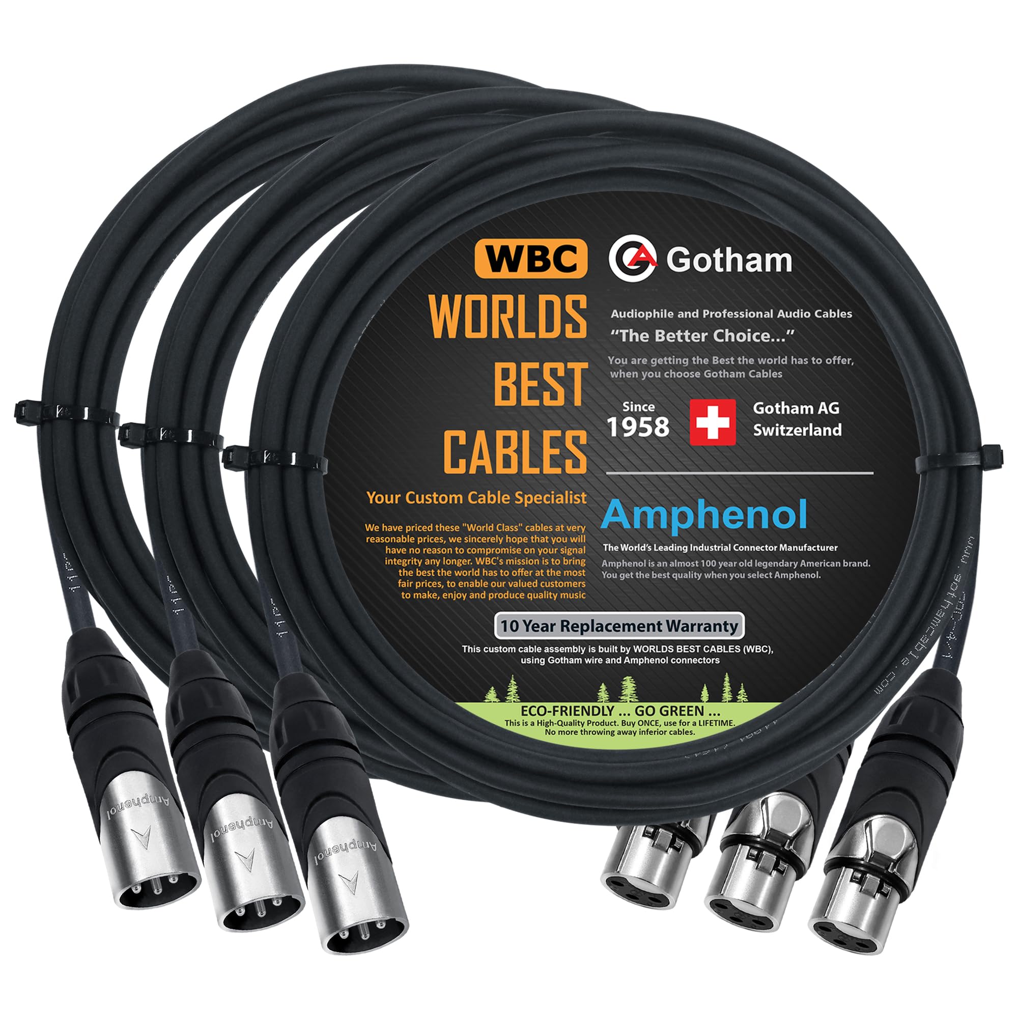 3 unidades – 12 pies – Gotham GAC-4/1 (Negro) – Star Quad, Dual Blindado Balanceado Cable de micrófono macho a hembra con Amphenol AX3M y AX3F Silver XLR – Hecho a medida por WORLDS BEST CABLES