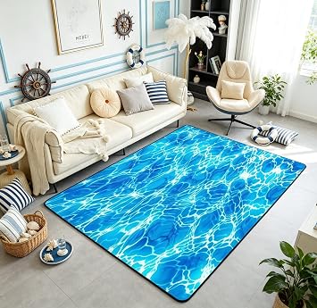 Homewish Water Ripple Area Rugs,Blue Water Texture Non Slip Carpet Tropical Summer Pool Indoor Floor Mat Entrance Rug,Ocean Art Home Living Room Bedroom Decor,3x5