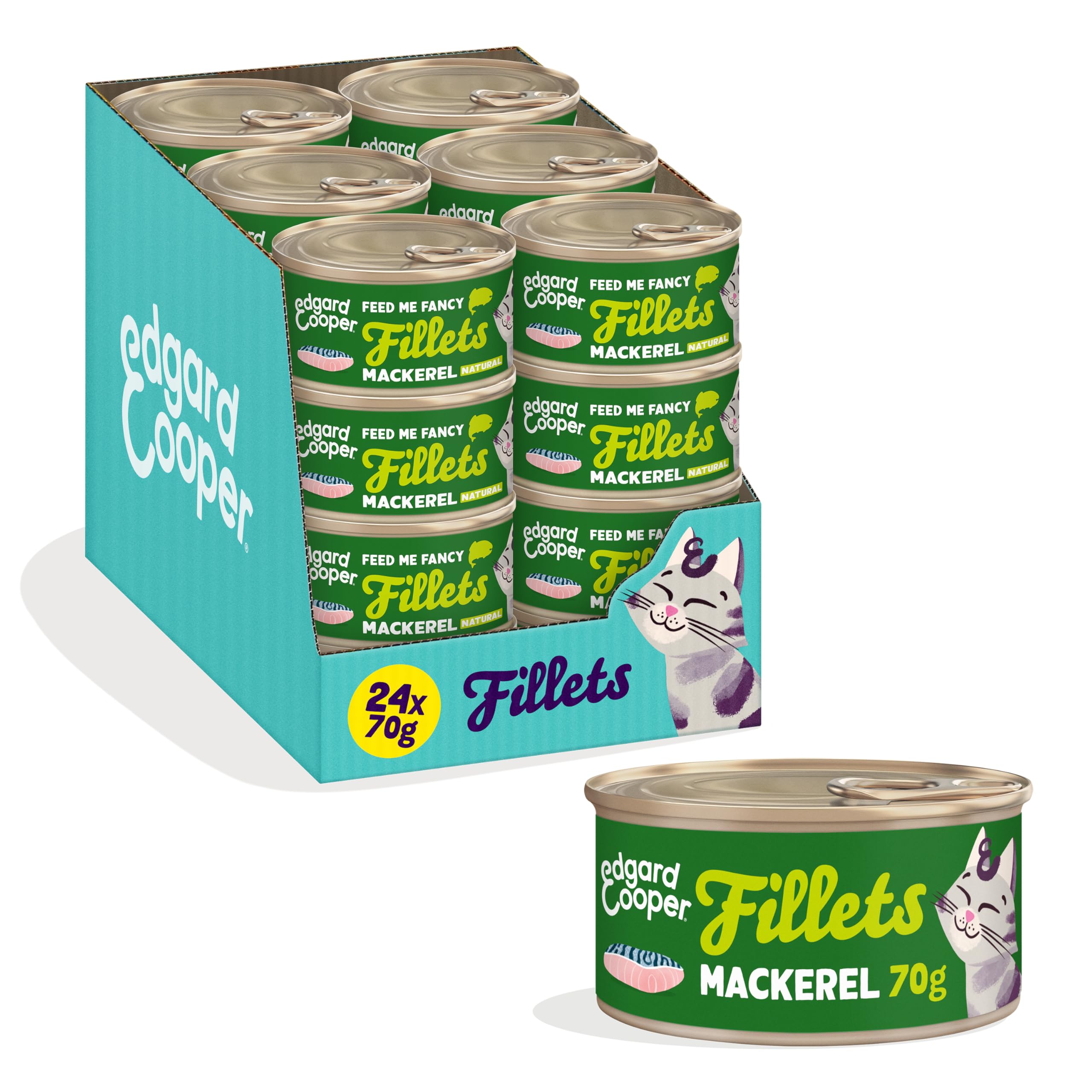 Edgard & Cooper Wet Cat Food, Fillets In Broth, 24 x 70g Mackerel, Grain-Free Cat Food, Natural Ingredients, Also For Sterilised Cats, Real Fish, No Added Sugar