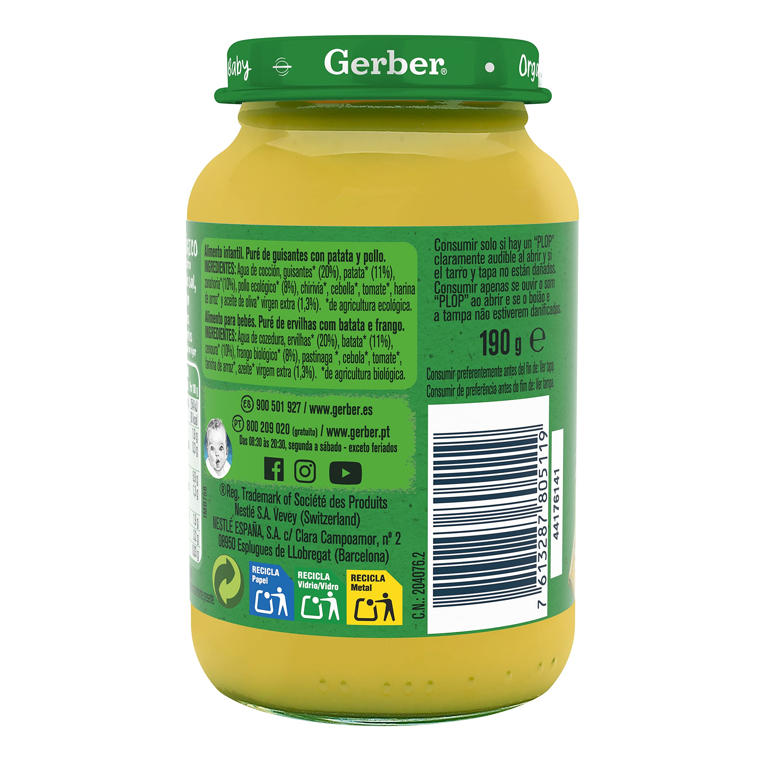 GERBER Organic Guisantes Patata Pollo 6x190g a partir de 6 meses