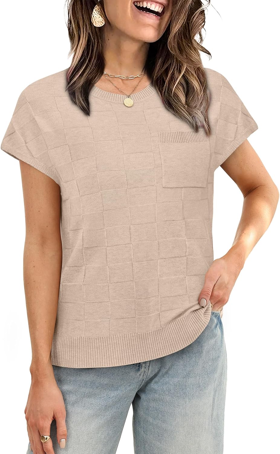 WIHOLL Short Sleeve Sweater for Women Crew Neck Trendy Summer Tops 2026 Travel Business Casual Spring Outfits with Pocket - Image 2