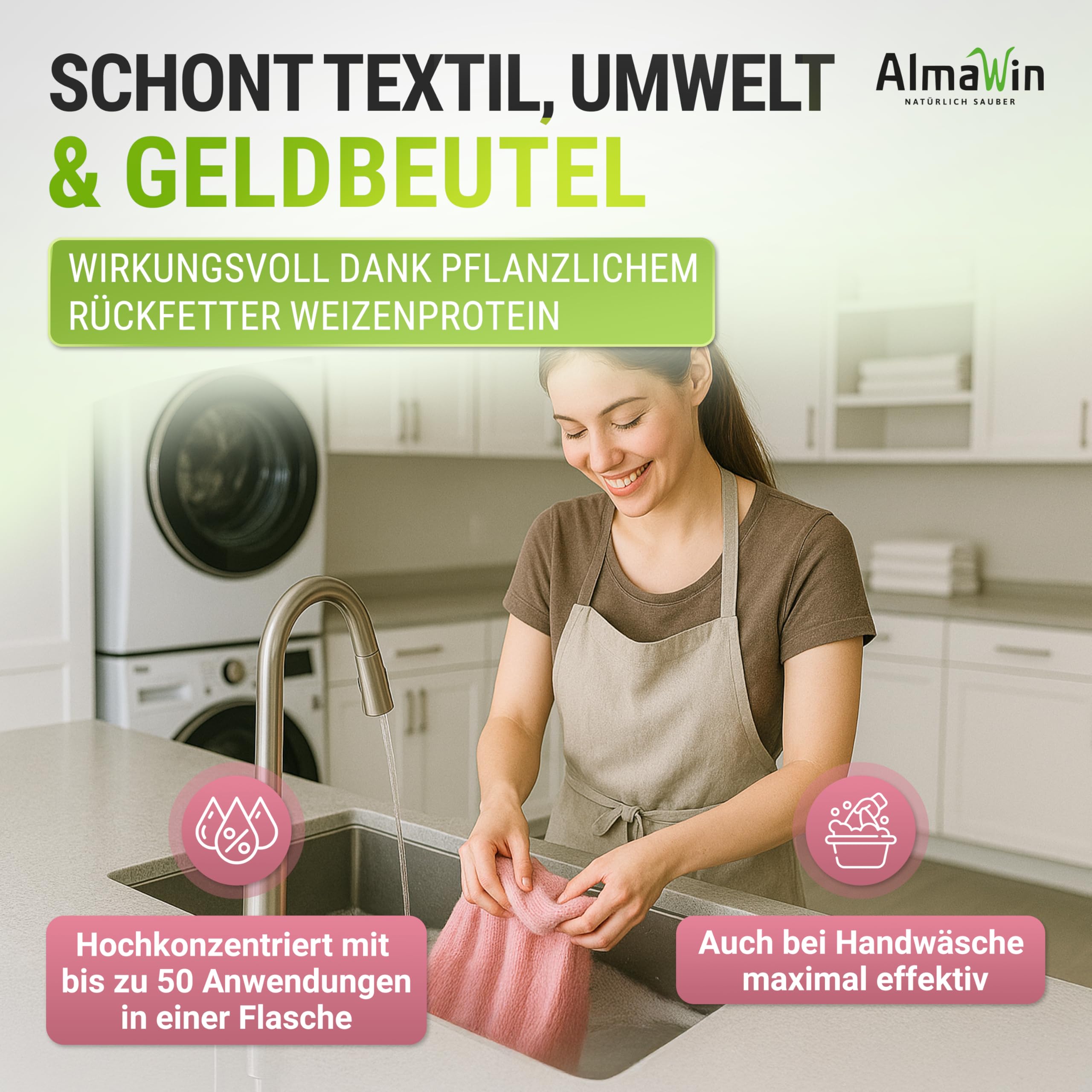 AlmaWin® Waschmittel Wolle & Seide [6x 750ml - 300 Ladungen] mit Lavendel-Duft für schonende Reinigung von Naturfasern - Seide- & Wollwaschmittel anwendbar von 20-40°C - Bio Feinwaschmittel flüssig