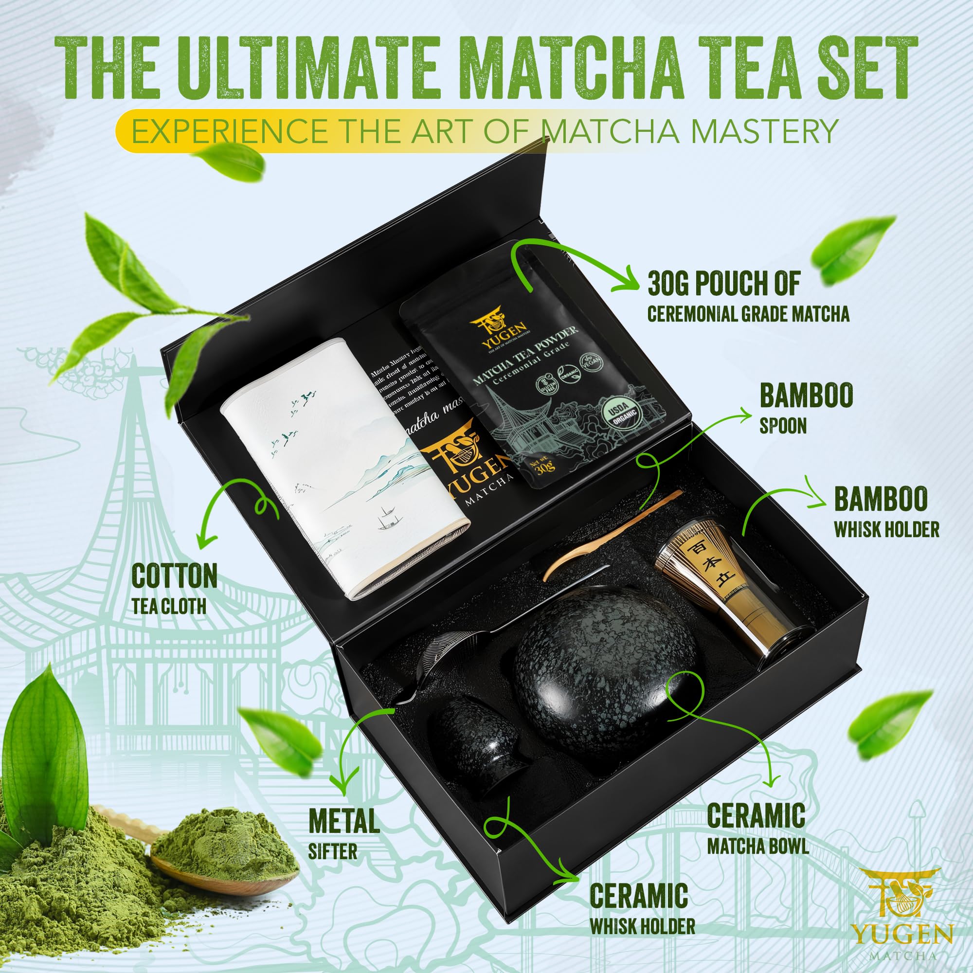 Juego de batidores Matcha de 7 piezas, incluye polvo de matcha de grado ceremonial de 30 g, tamiz de metal, batidor de bambú, soporte para batidor, cuchara de bambú, paño de té, cuenco de