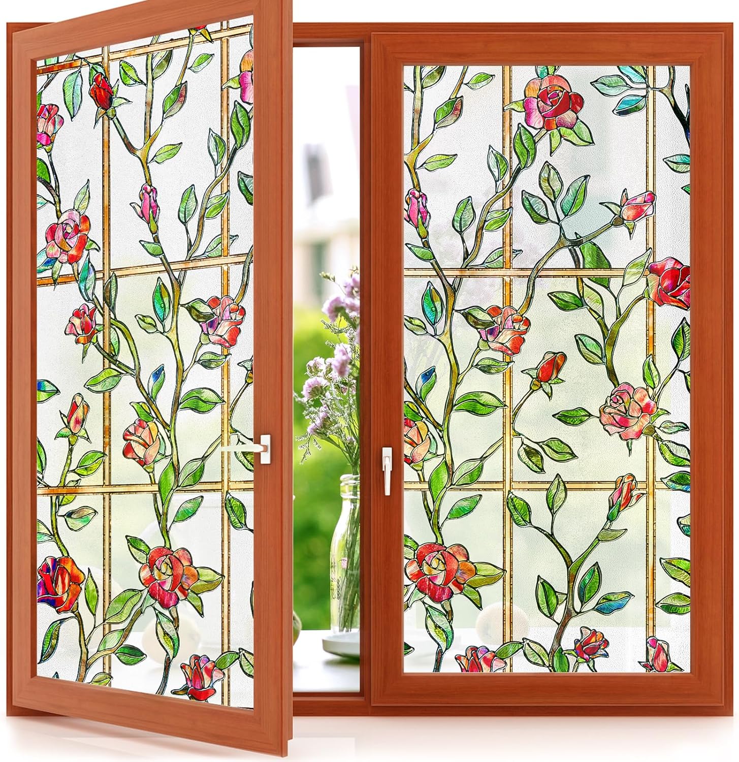 SUNBABY Stained Glass Window Film:287,3D Decorative Window Privacy Film,Window Decals,Non-Adhesive Heat Control Anti UV Vinyl Static Clings,23.6 x 78.7 Inches Rose Blossoms 23.6 x 78.7 inches