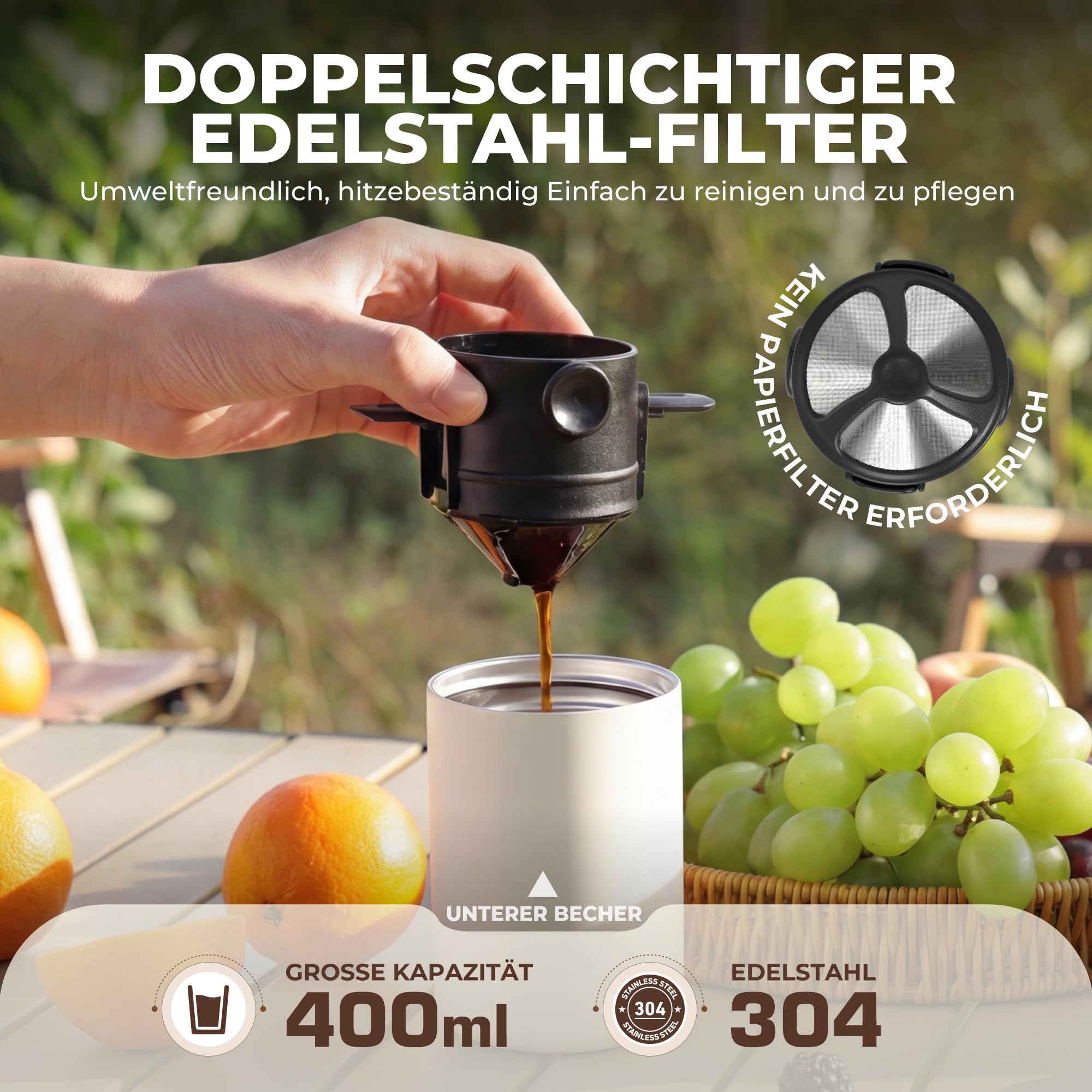HAUSHOF Tragbares Kegelmahlwerk, Kabellose Elektrische Kaffeemühle | mit Integrierter Infusion, Doppelt Öffnendem Deckel, Edelstahlfilter und Thermobecher für Reisen und Camping, Weiß