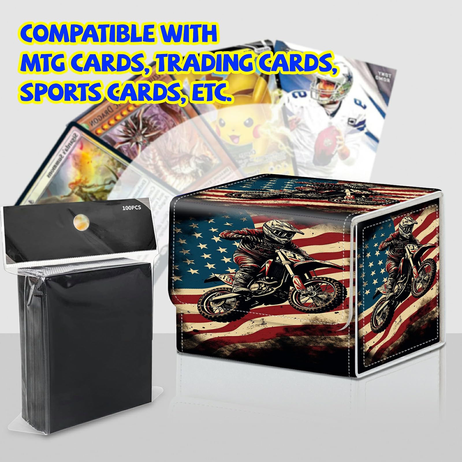 Card Deck Box Plus 100 Counts Matte Black Card Sleeves, Flag Motorbike for Collectible MTG TCG CCG Card Storage Box Horizontal Holds 100+ Single Sleeved Cards, Leather Game Card Box Organizer