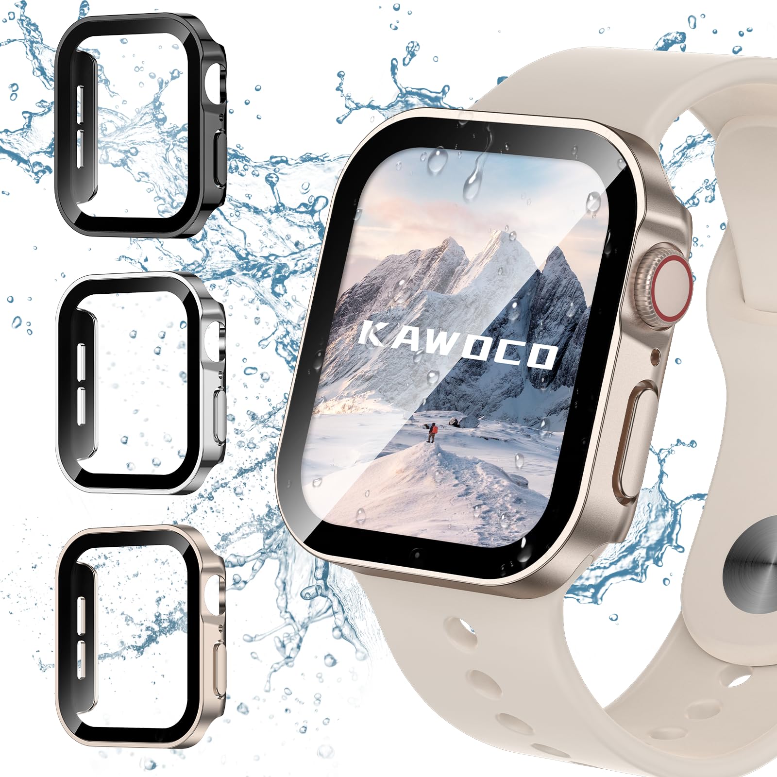 Kawoco 3 Pack Waterproof Case for Apple Watch Series 9 8 7 45mm, Straight Edge Hard PC Cover with Tempered Glass Screen Protector, Protective Bumper