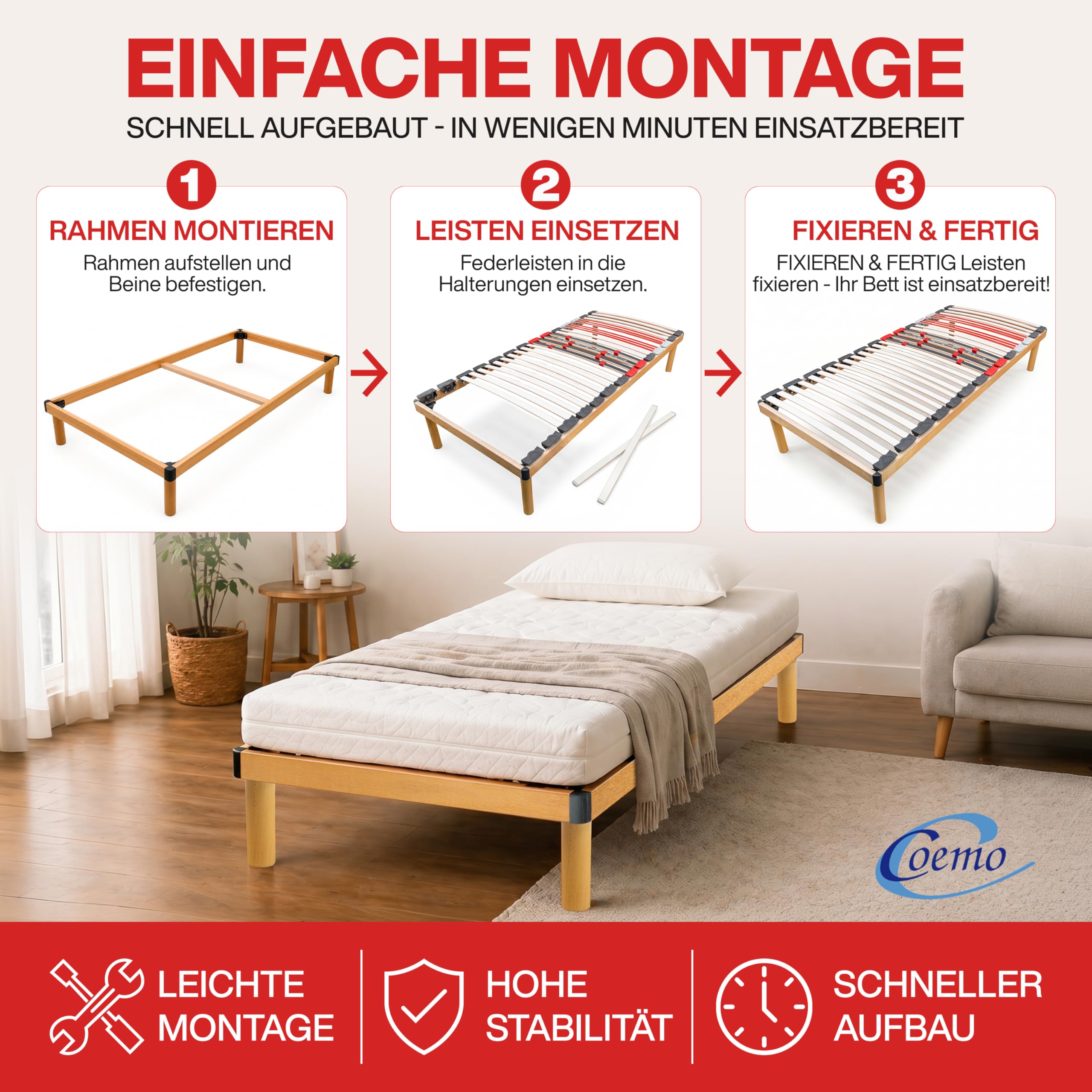 Coemo Komplettbett Dorado, 90x200 cm, Buche, Made in Italy