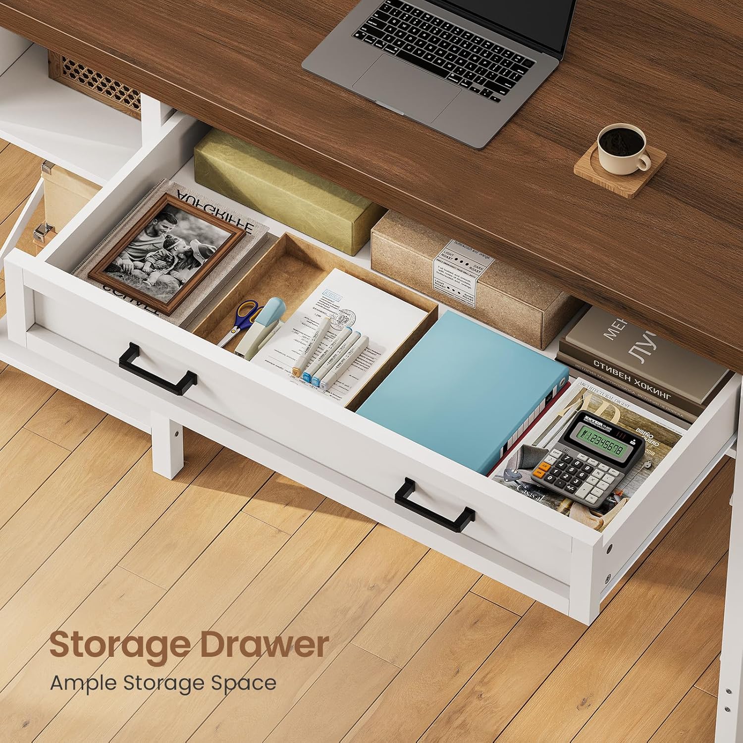 SEDETA Farmhouse Small Desk with Drawers, 40" Computer Desk with Storage Shelves, White Writing Desk for Small Space and Power Outlet, Desk for Bedroom, Home Office
