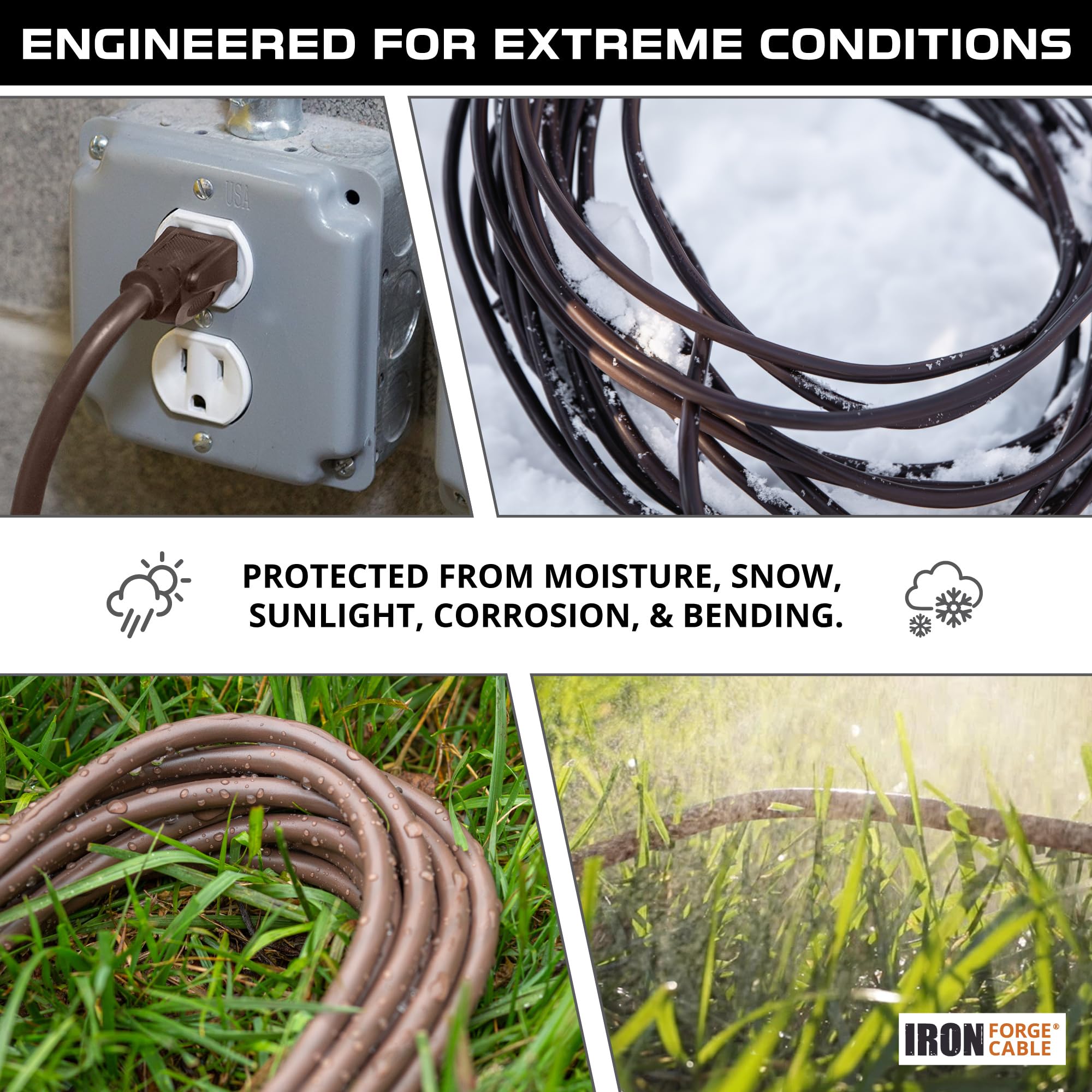 Iron Forge - Cable de extensión café para exteriores de 10 pies, cable resistente 16/3 con enchufe a tierra de 3 puntas para seguridad, 15 amperios para jardín, césped, herramientas y