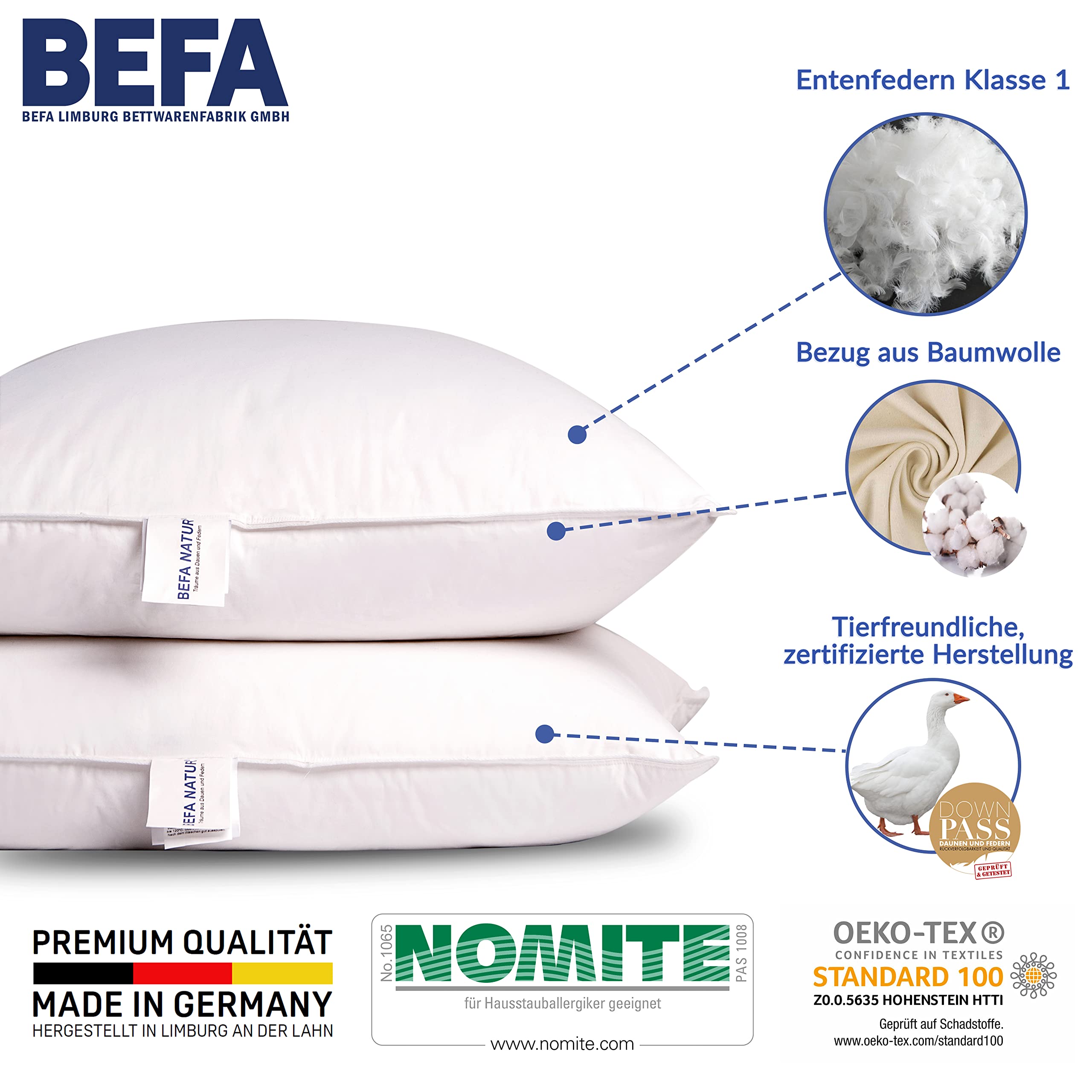 BEFA NATUR Sofakissen 40x40 cm (4 Stück) | Dekokissen, Zierkissen, Kissen aus 100% Federn | 350g Füllgewicht/STK | für Allergiker (NOMITE) | Tierwohl (DOWNPASS) | Oeko-TEX Klasse 1 | Made in Germany