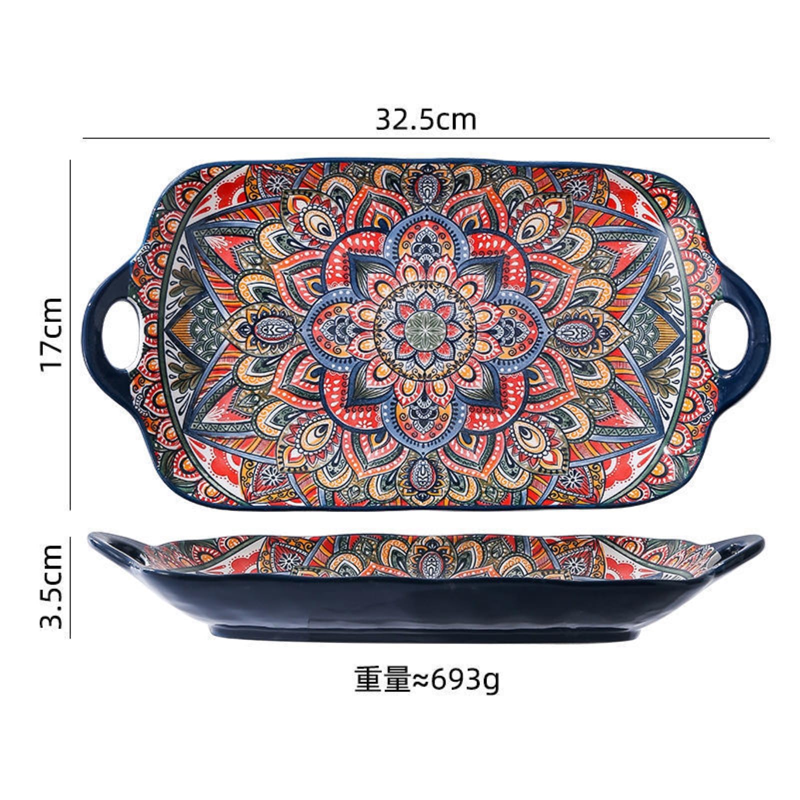 Ręcznie robione naczynia ceramiczne = domowa ręcznie malowana niebieska zastawa stołowa z wzorami retro - 30 cm dwuuszny prostokątny talerz