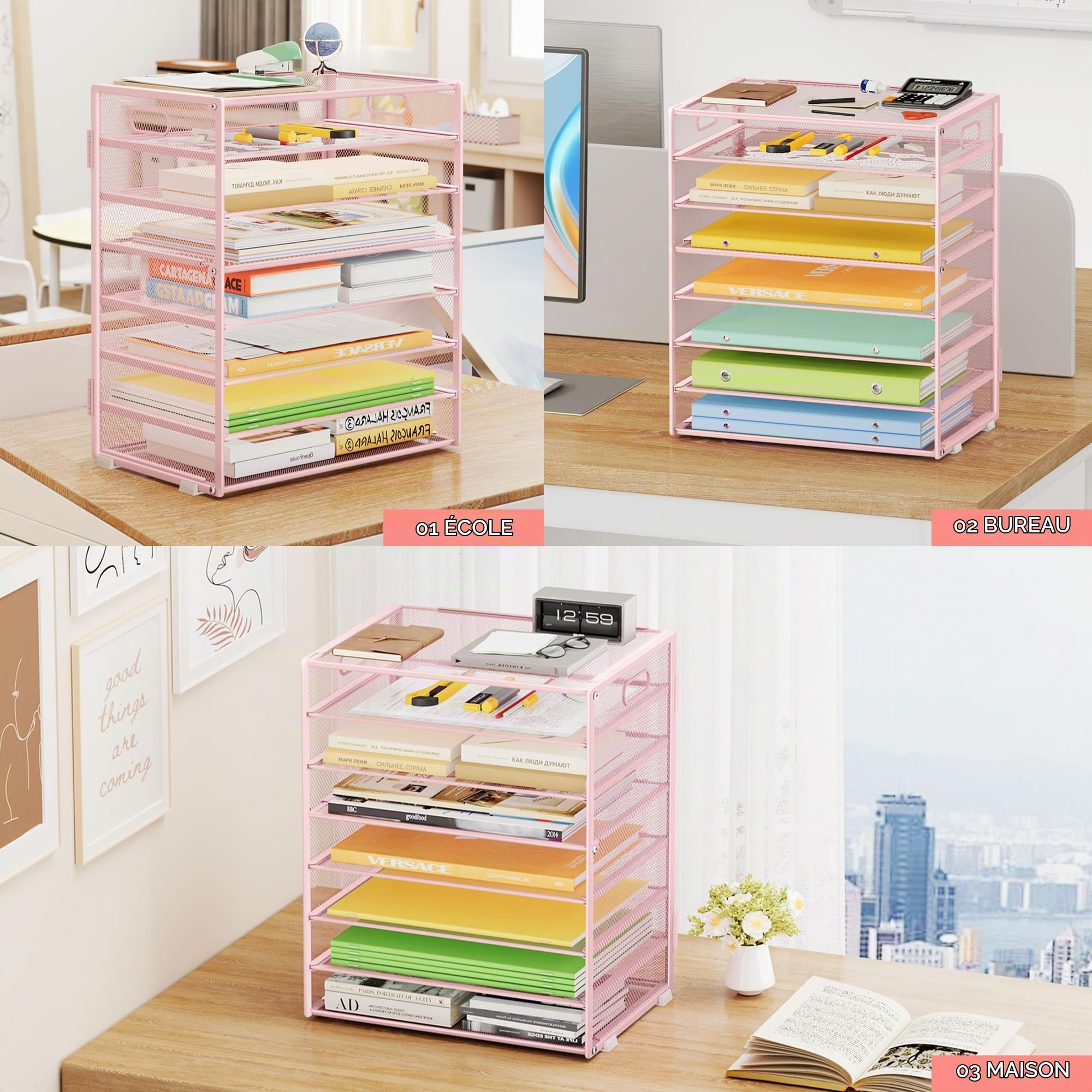 Marbrasse Organisateur de Bureau,8 Niveaux Papiers Rangement Courriers,Porte Documents A4 Empilable,Maille Métallique pour Classe,Maison,Bureau(Rose)