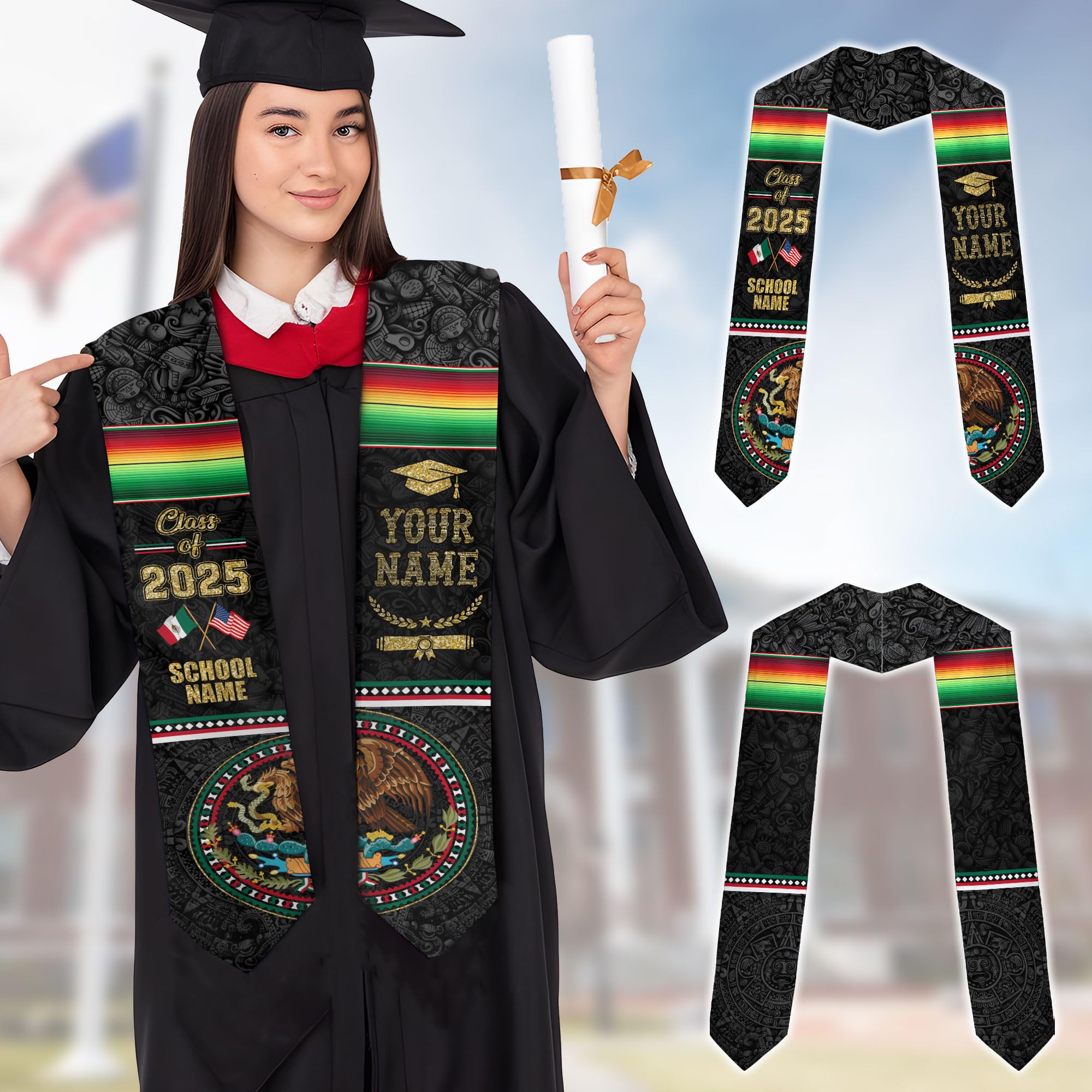 MonkeyVan Custom Mexican Graduation Sash Mexican Flag Graduation Stole Mexican Stoles for Graduation 2025 Mexican Graduation Sash Mxc17