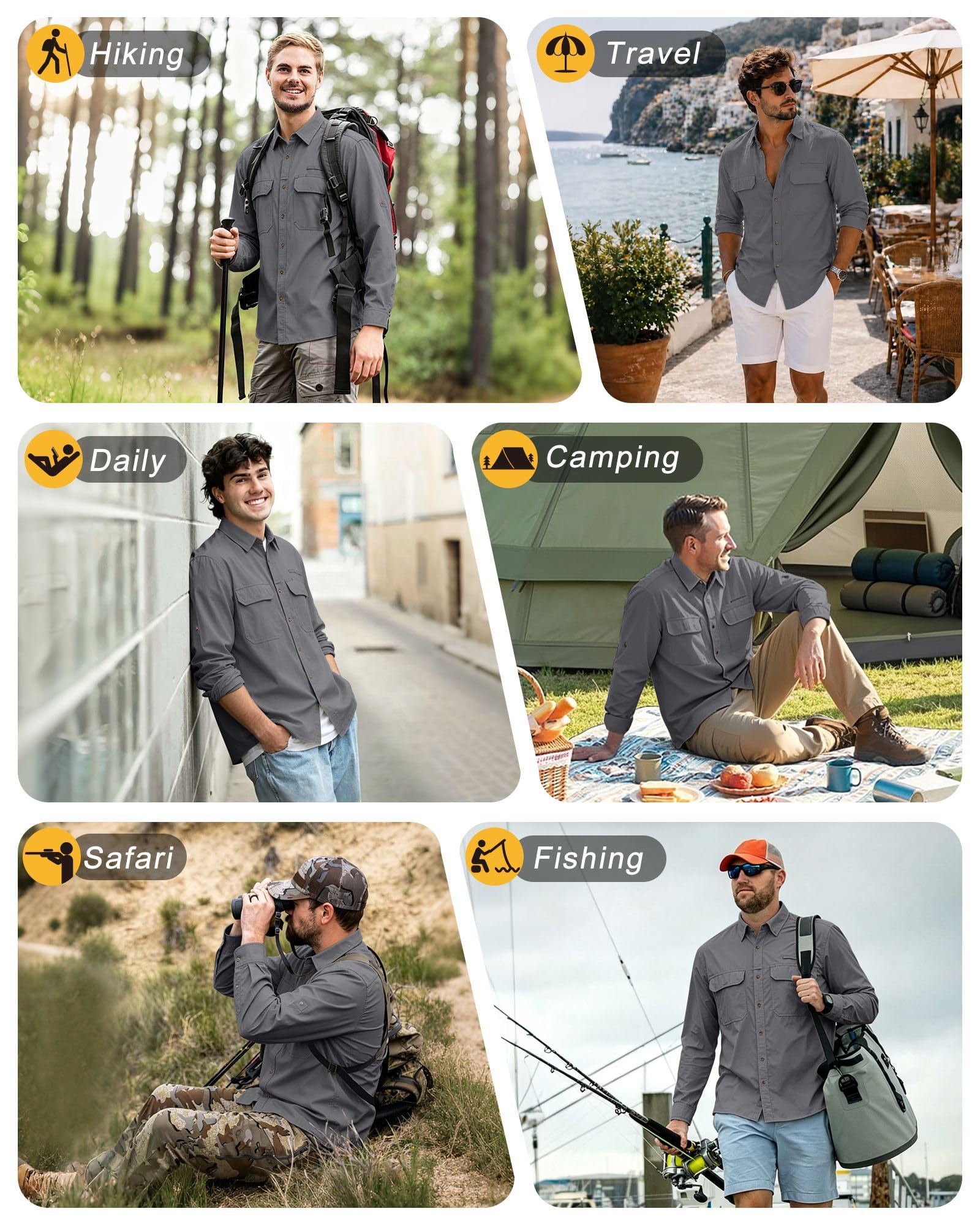 Outdoor Ventures Camisa de manga larga para hombre, camisa funcional para exteriores, de secado rápido, informal, transpirable, gris, M