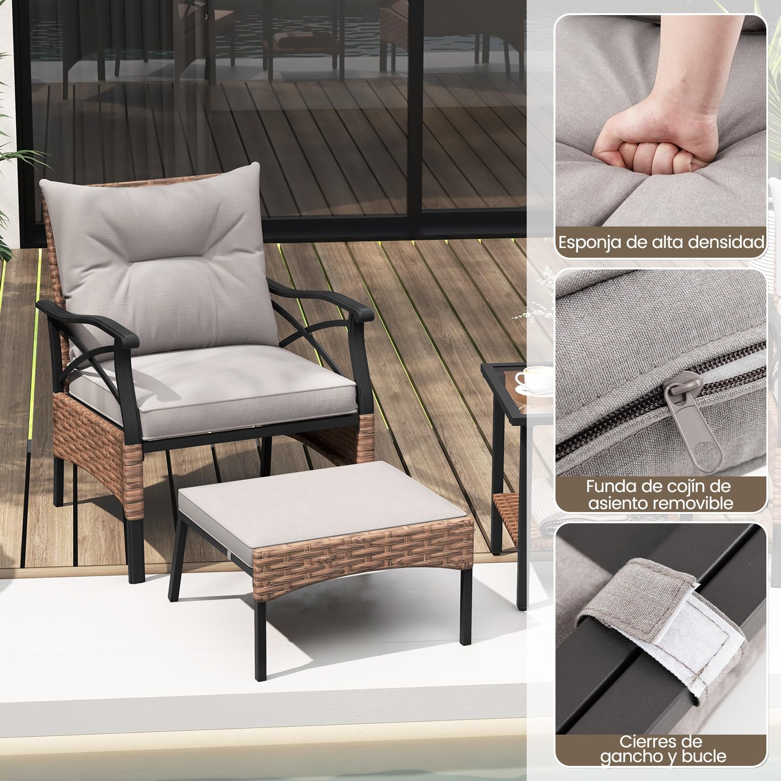 COSTWAY Conjunto Mesa y Sillas Jardin 5 Piezas de Ratán,1 Mesa Auxiliar de Vidrio Templado, 2 Sillas de Ratán PE y 2 Otomanas, Cojines Extraíbles,Conjunto Jardin Exterior Balcon Terraza (Marrón+Gris)