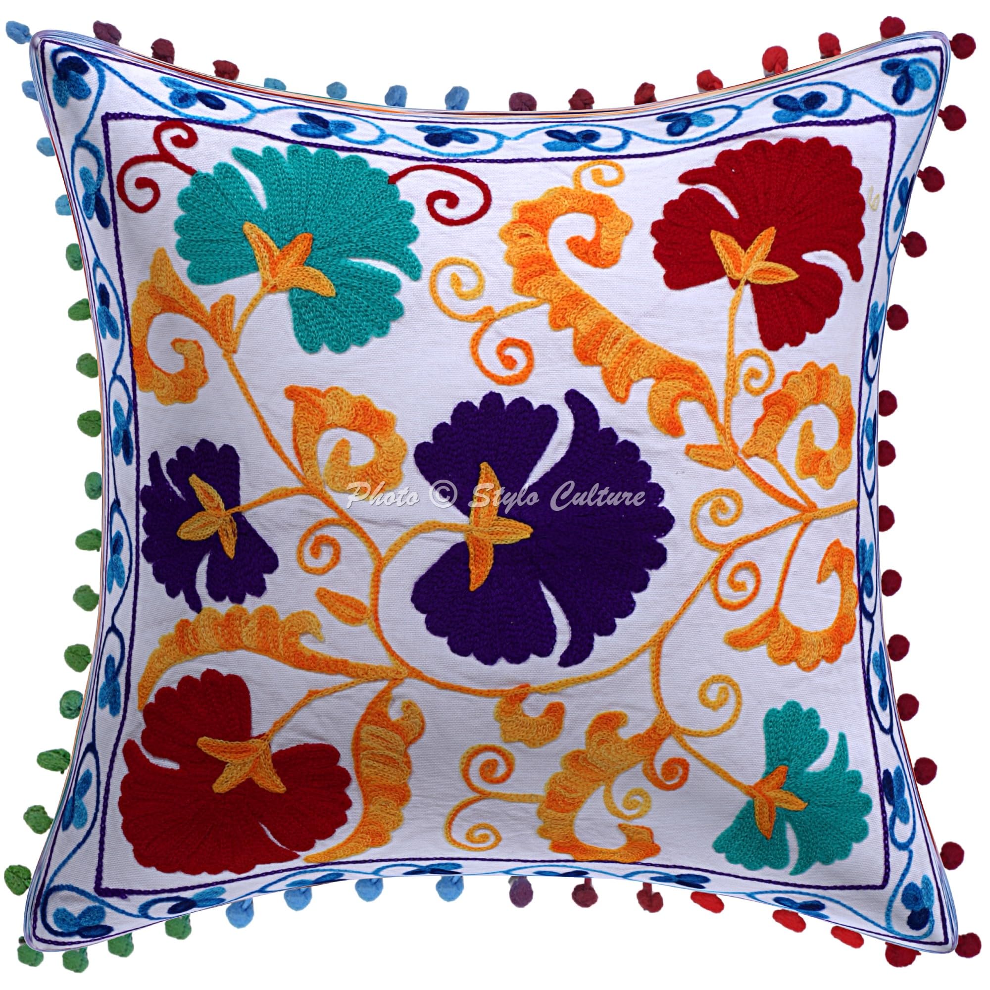 Indische Dekorativ Baumwolle Weiß Couch Kissenbezüge 40x40 cm Dekokissen Suzani Bestickte Pom Pom Spitze Schlafzimmer Sofa Kissen Bezüge Blumen Quadrat Kissenhullen - 4 STK.