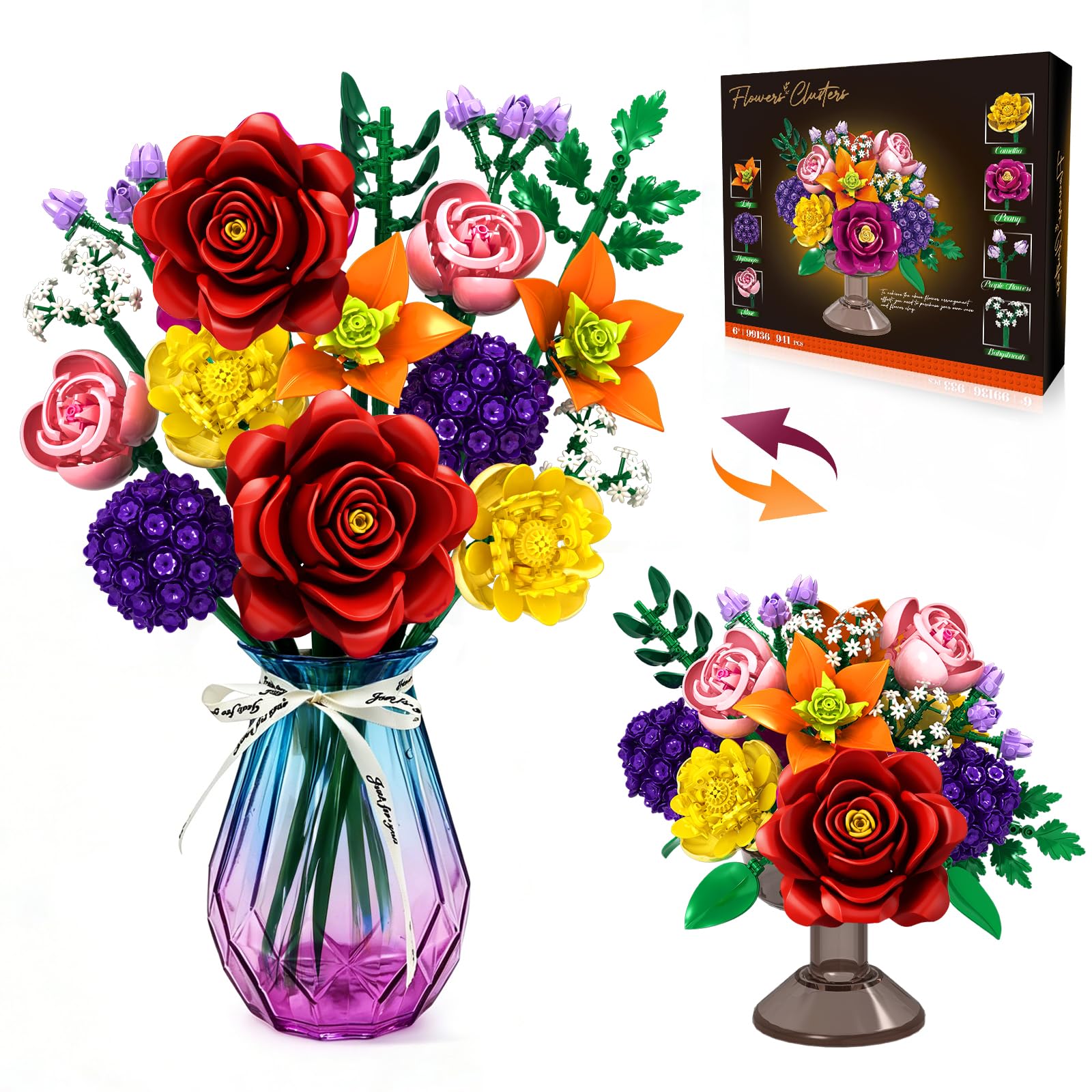 Ensemble de construction de bouquet de fleurs artificielles, 933 pièces, collection botanique avec kit de 14 fleurs, cadeau créatif pour maman, épouse, adultes, adolescents, décoration de