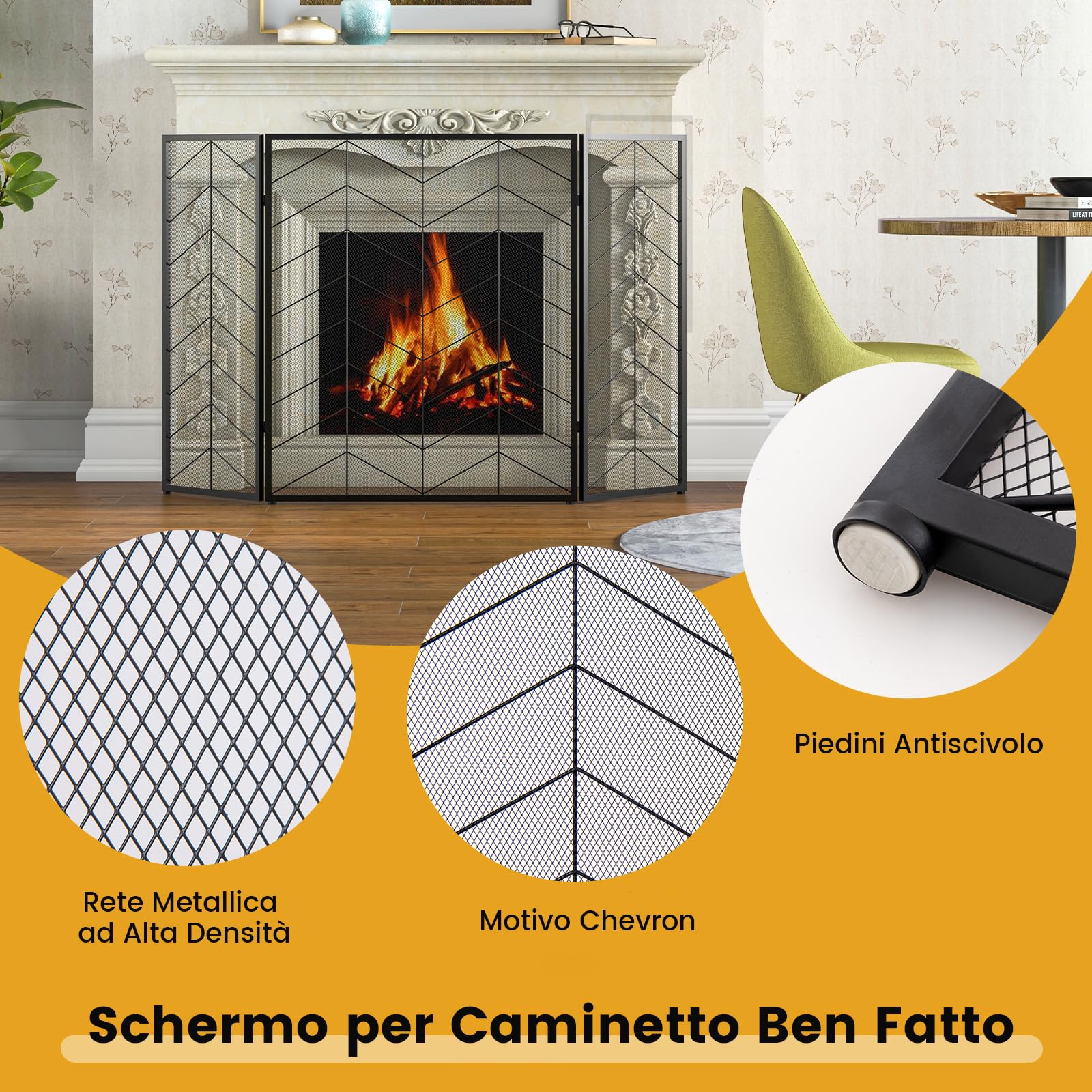 COSTWAY Parascintille per Camino 132 x 79 cm, Paraschizzi Camino Pieghevole a 3 Pannelli con Motivo Bello, Barriera Protettiva Robusta in Metallo per Camino (Stile 2)