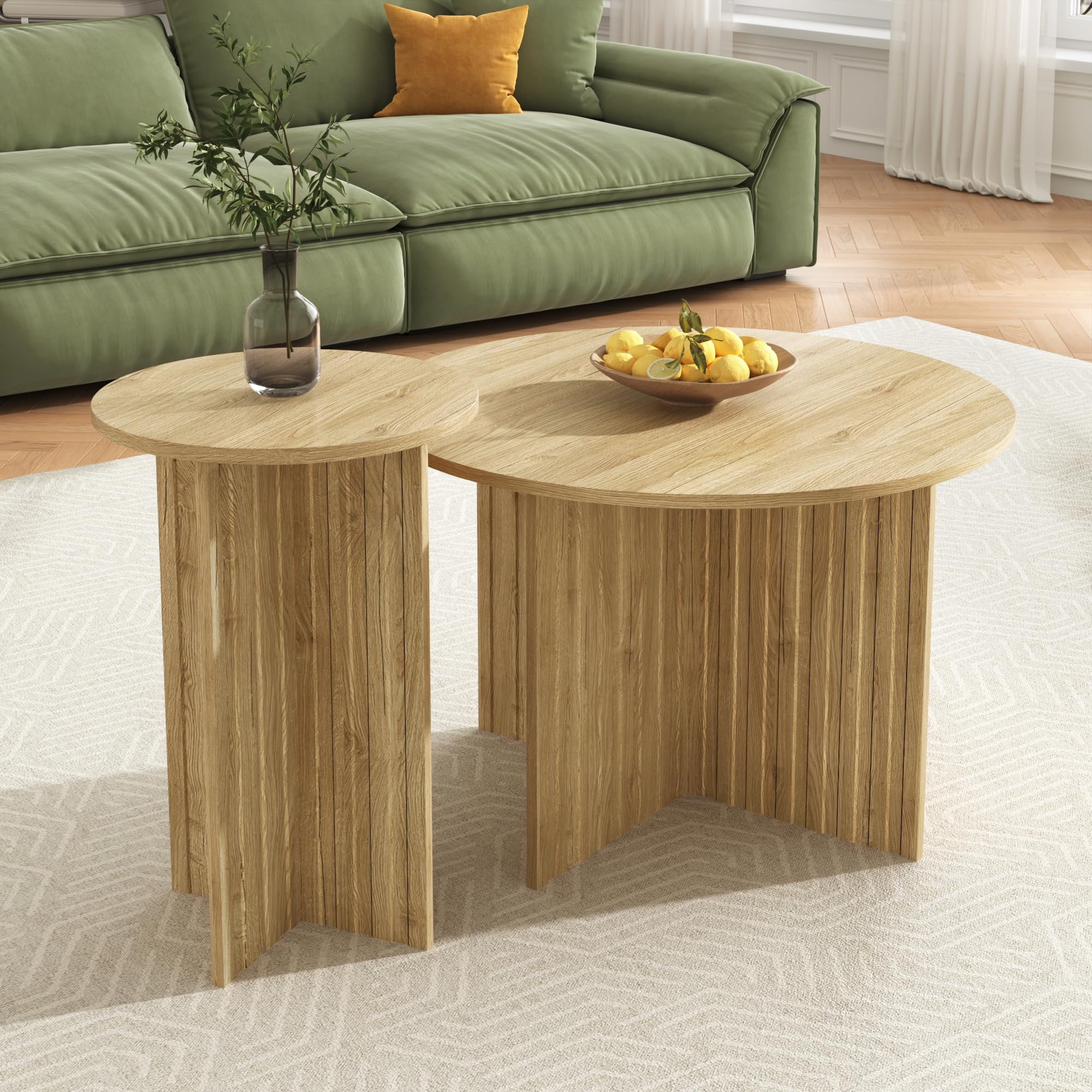 Moderno juego de mesa nido de madera de 2 piezas – Mesas de centro redondas y mesas de café con diseño escandinavo, ahorro de espacio y versátil (natural)