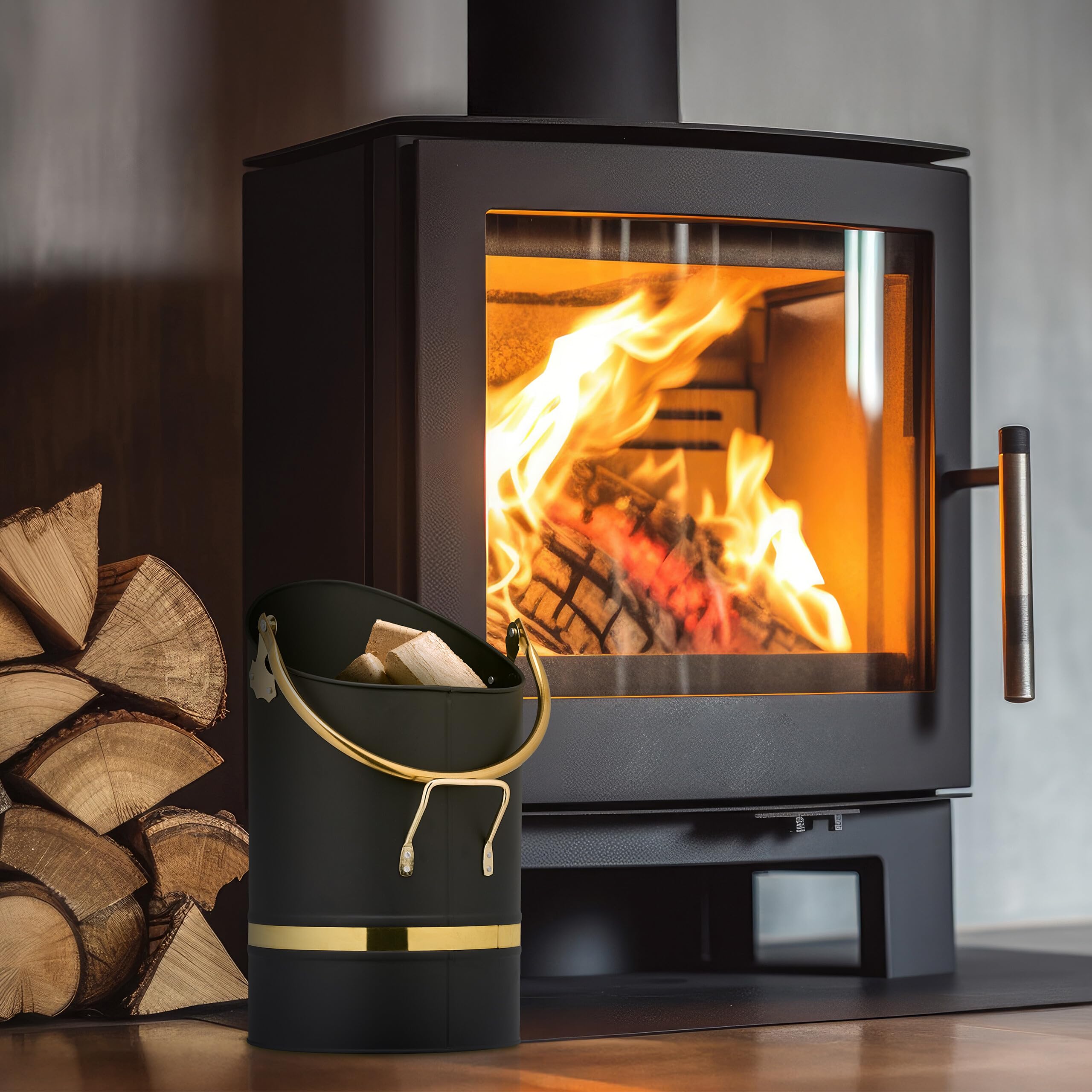 Relaxdays Wiadro na węgiel, 12 l, żelazo, pojemnik na węgiel z uchwytem i uchwytem, kosz na węgiel do napełniania, kominek, grill, czarny/złoty