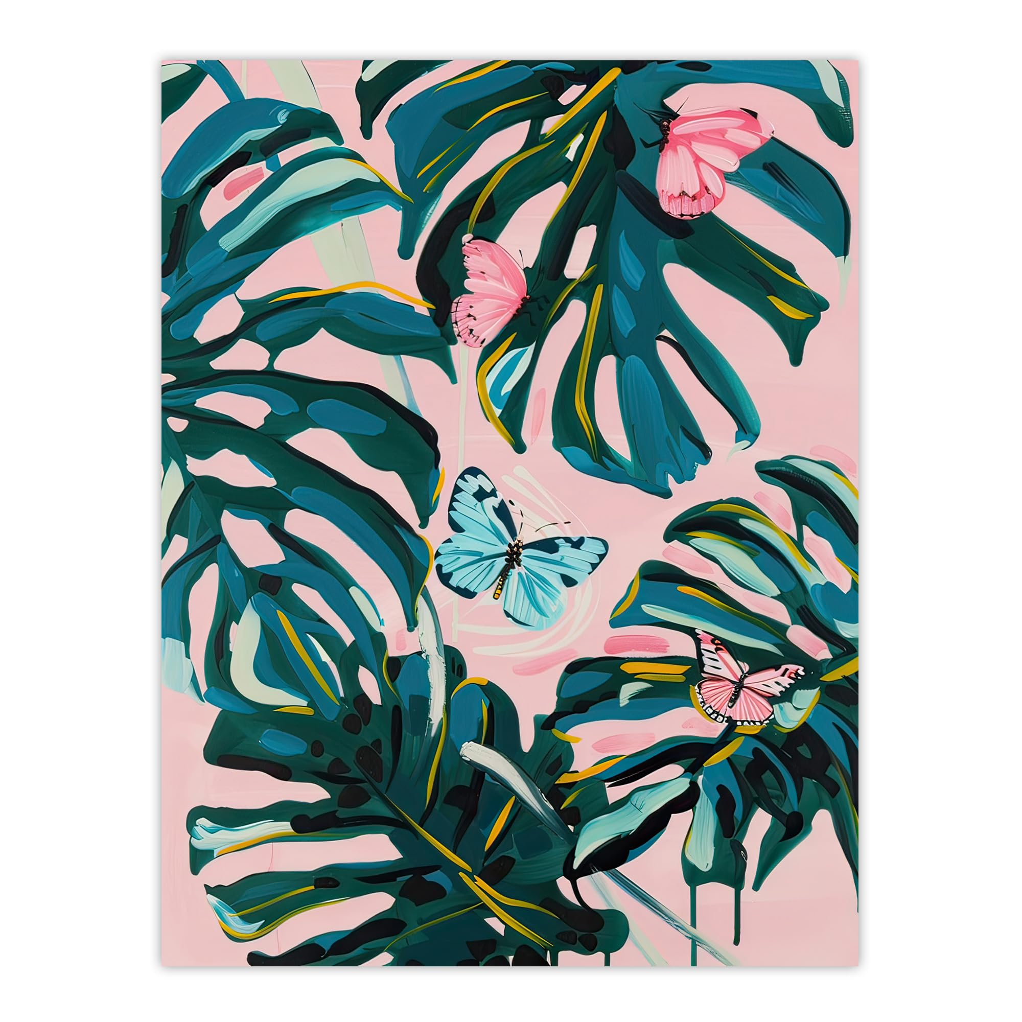 Artery8 Pastel Butterflies Monstera Plant Painting Pink Living Room Large Wall Art Poster Print Thick Paper 18X24 Inch