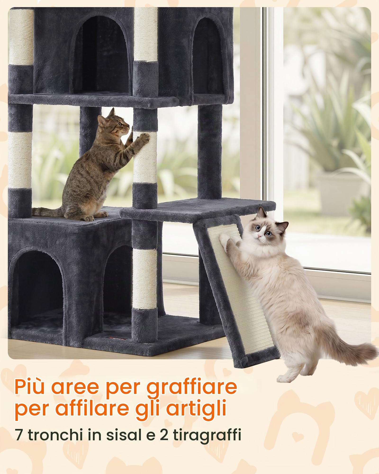 Feandrea Albero per Gatti XL, Tiragraffi per Più Gatti, 55 x 45 x 184,5 cm | 2 Graffiatoi e 7 Tronchi in Sisal, 7 Aree di Riposo, Grigio Scuro, COLLEZIONE CLAWFY PCT014G201