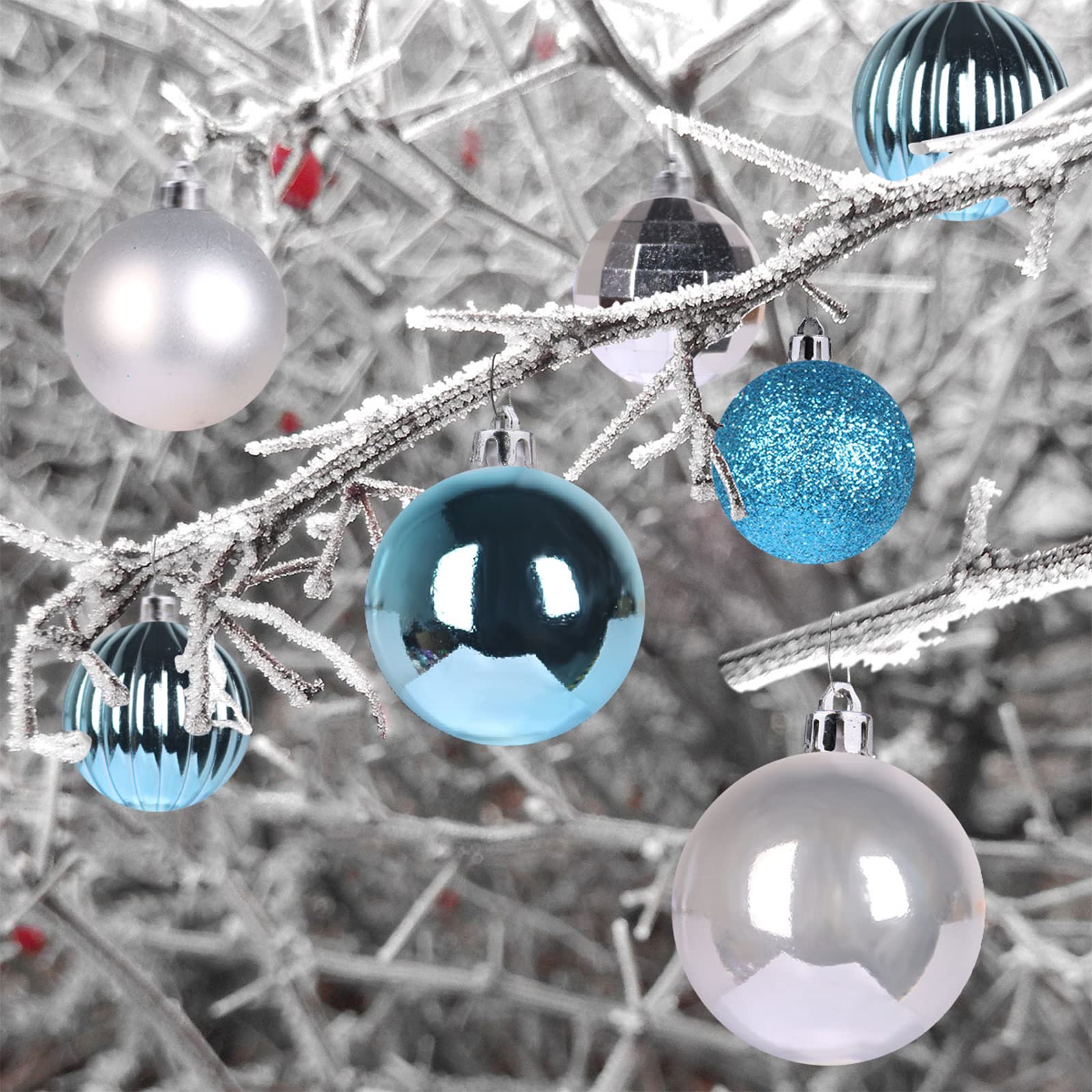 Lot de 36 boules de Noël incassables à suspendre pour anniversaire, Halloween, vacances, mariage (6,3 cm, bleu layette/argenté)